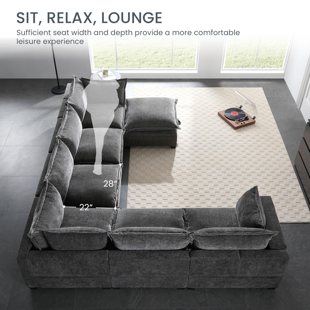 Merax Modern Oversized U-Shaped Sectional Sofa with Piollows & Chaise Lounge, Chenille 7-Seat Couch Set Sleeper Bed with Storage Ottoman for Living Room Gray