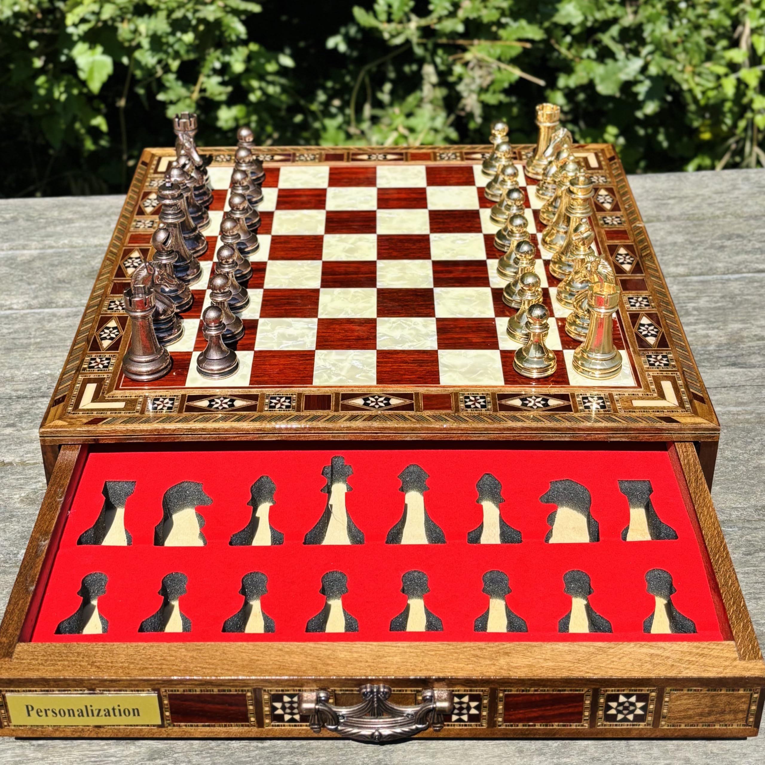 Handmade Luxury Chess Set – Metal Chess Pieces with Wooden Storage Board – Premium Classic Chess Game for Adults and Kids – Ideal Gift for Men and Women (Large: 38 x 38 x 7.5 cm (15”x 15” x 3”))