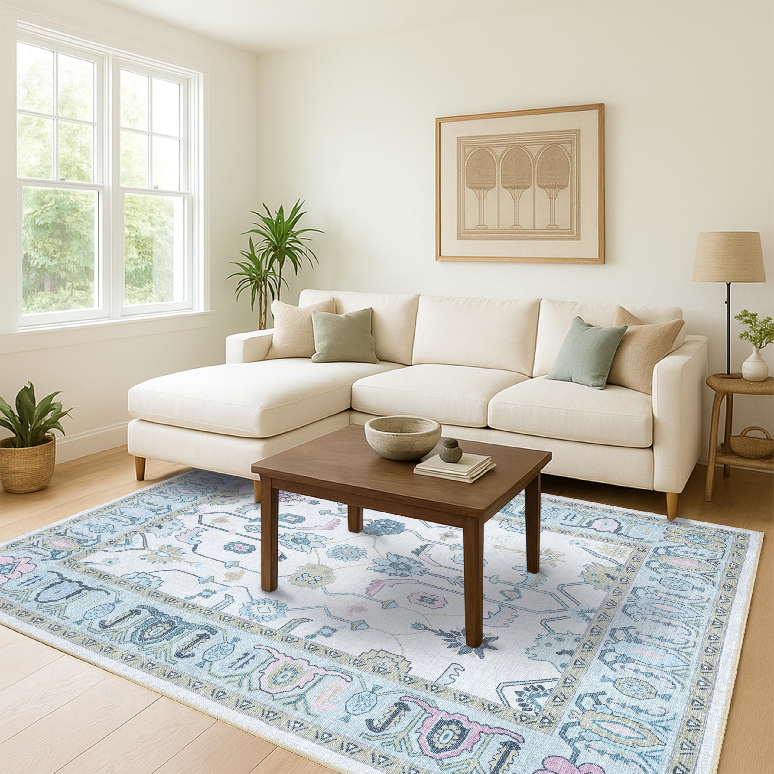 Fame Living Cream Green Oushak Rug, Modern, Vintage, Turkish, Eclectic, Floral, Pastel, Washable, Large Area Rugs for Living Room, Dining, Bedroom, Girls, Boys, 7'5"x9'8"