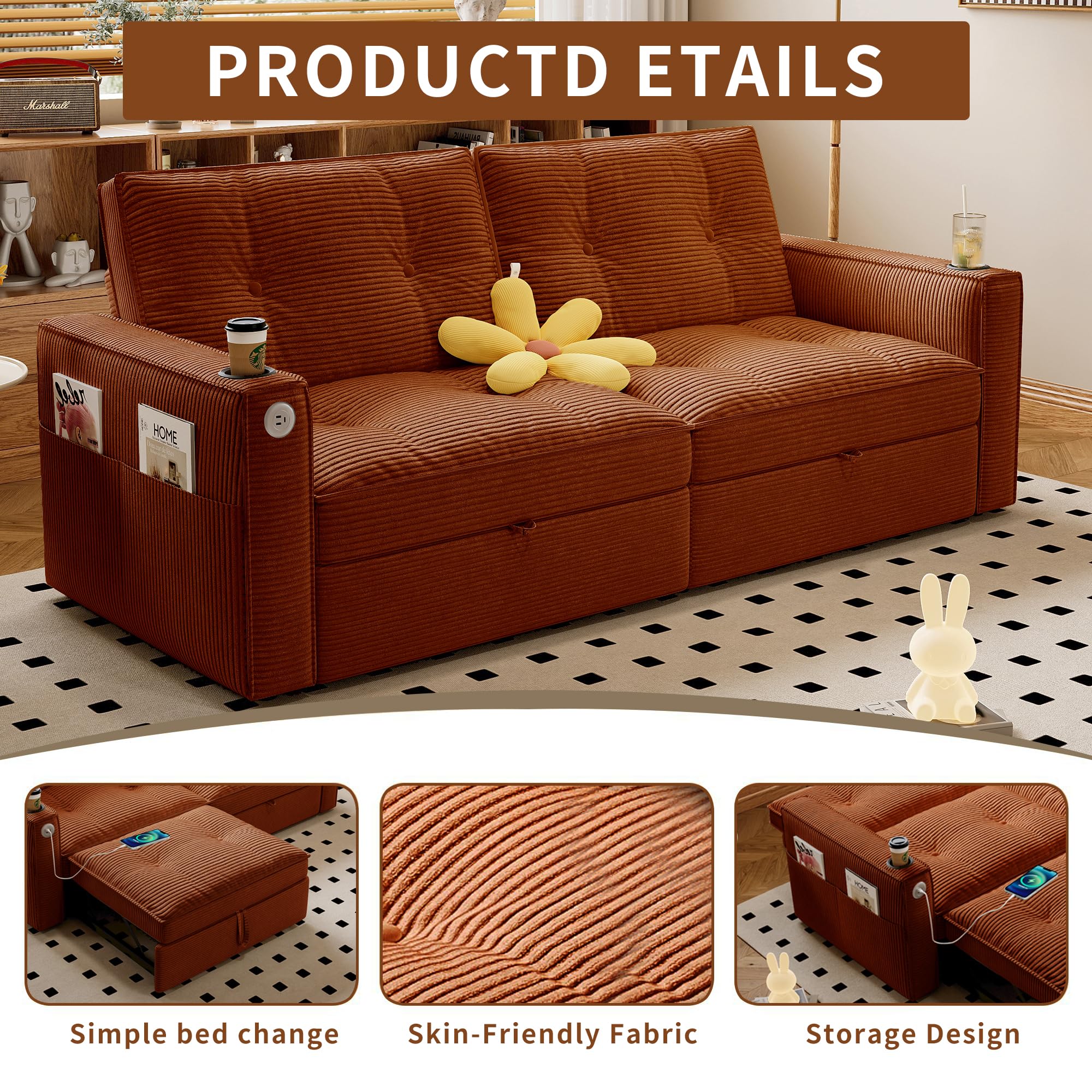 KEIKI Convertible Sofa Bed, 3 in 1 Pull Out Couch, 73" Pull Out Sofa Bed with Side Pocket for Living Room, Bedroom, Small Space, Orange