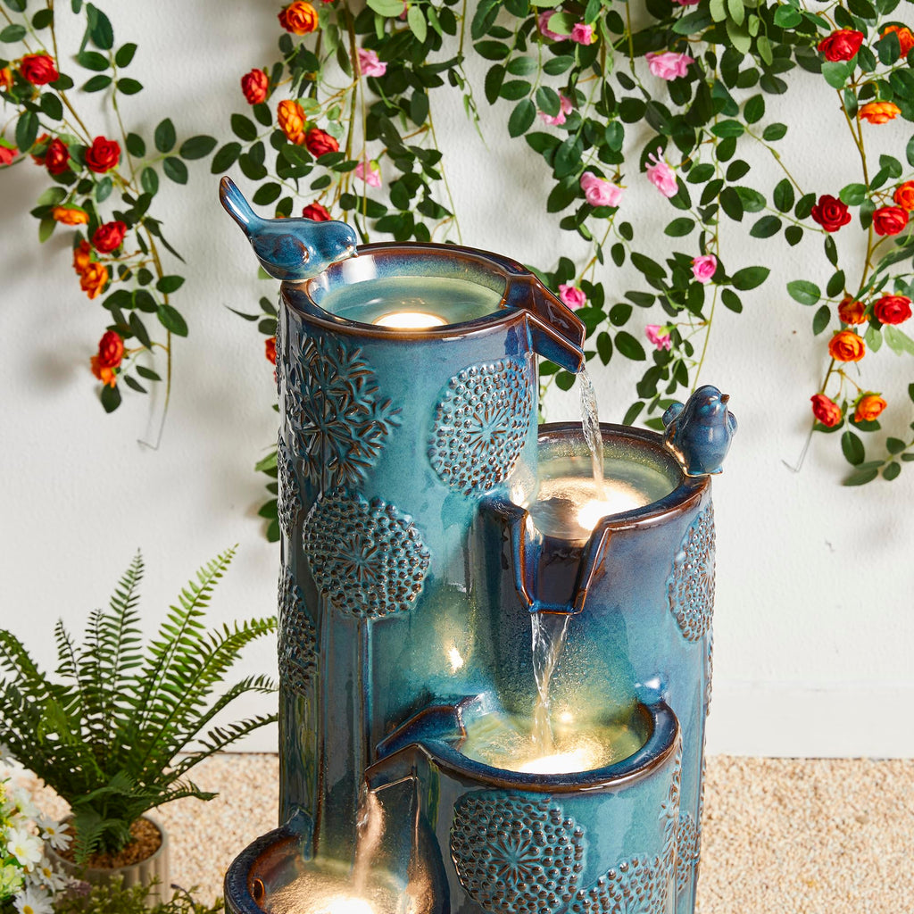 Glitzhome 31.75" H Outdoor Water Fountain with LED Lights and Pump, 4 Tier Dandelion Texture Vase Shaped Ceramic Floor Standing Fountain with Birds for Porch Deck Garden Patio Backyard, Turquoise