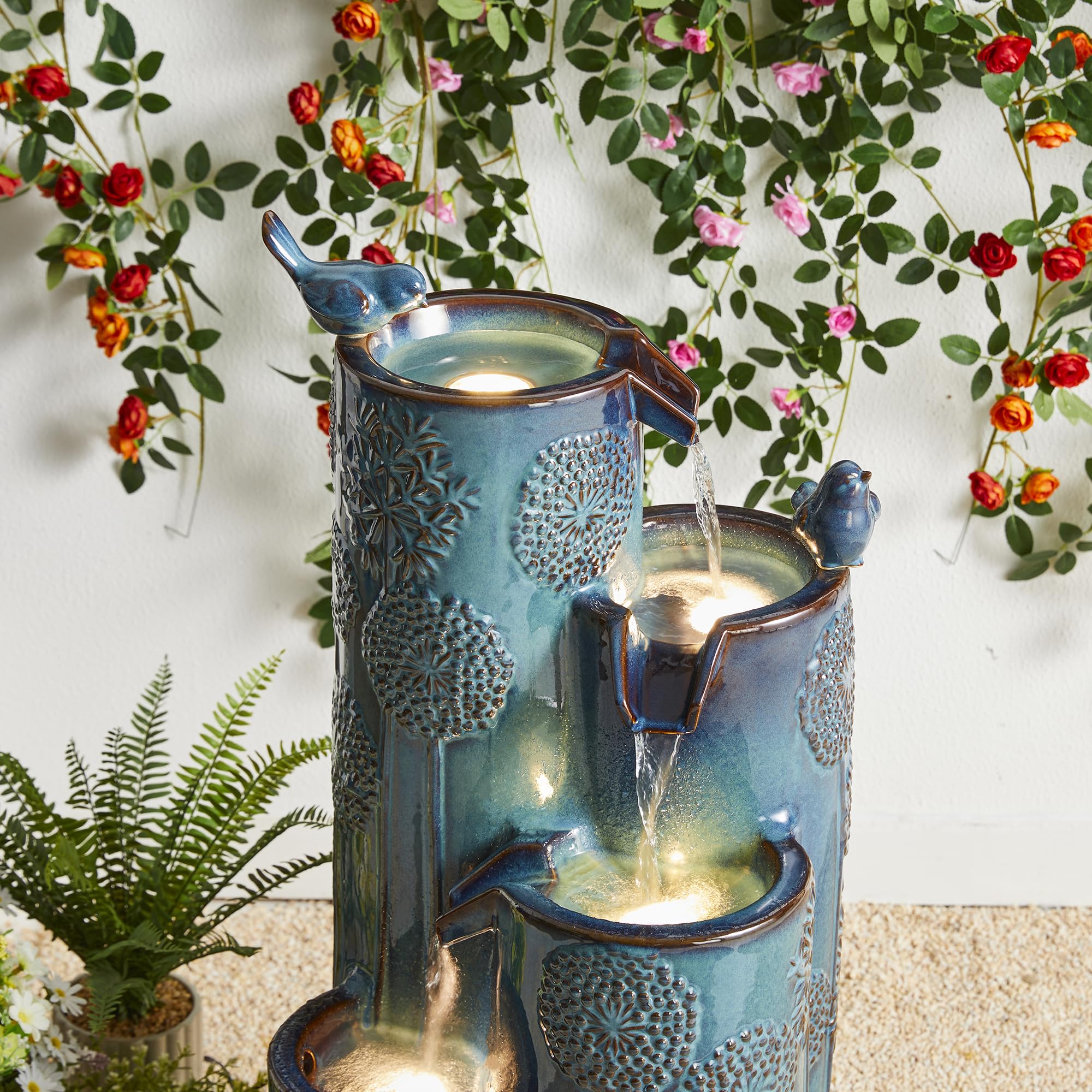 Glitzhome 31.75" H Outdoor Water Fountain with LED Lights and Pump, 4 Tier Dandelion Texture Vase Shaped Ceramic Floor Standing Fountain with Birds for Porch Deck Garden Patio Backyard, Turquoise