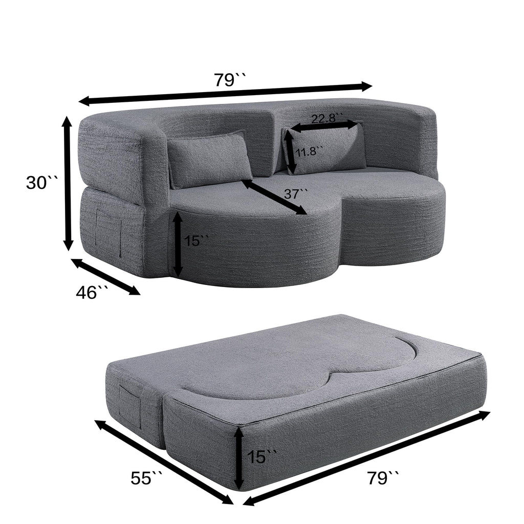 KEIKI 79" Convertible Floor Sofa Bed, Fold ‌Teddy Sleeper Cloud Couch with Storage & Deep Seat, Comfy Upholstery Curved Boneless Futon Couches, 2-in-1 Sofas for Living Room Bedroom, No Assembly, Grey