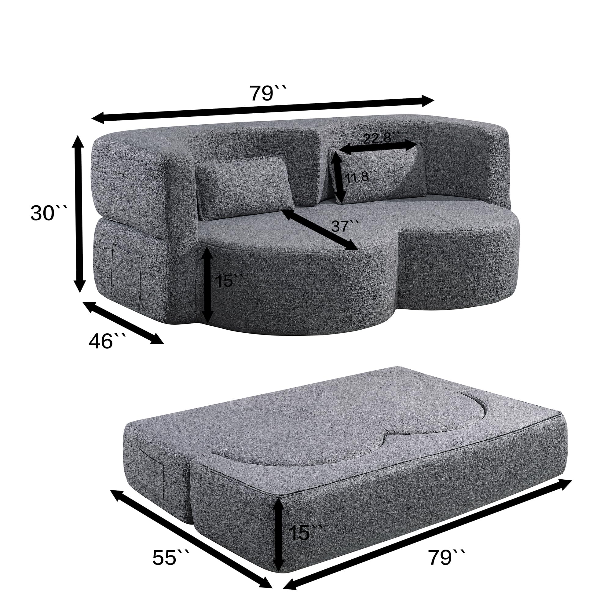 KEIKI 79" Convertible Floor Sofa Bed, Fold ‌Teddy Sleeper Cloud Couch with Storage & Deep Seat, Comfy Upholstery Curved Boneless Futon Couches, 2-in-1 Sofas for Living Room Bedroom, No Assembly, Grey
