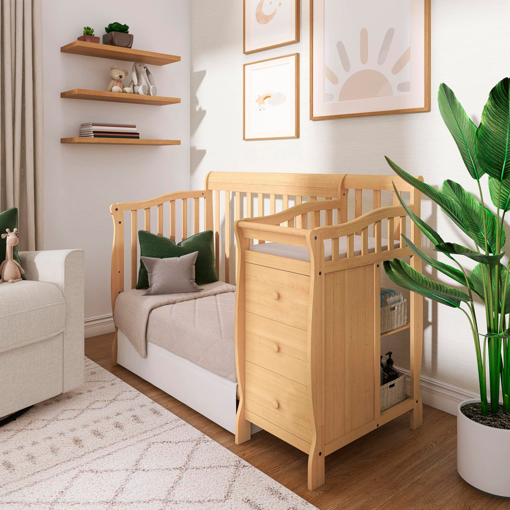 Dream On Me Jayden 4‑in‑1 Mini Convertible Baby Crib & Changer with Storage in Natural, Pinewood, GreenGuard Gold & BSA, 1” Mattress Pad, 3 Mattress Heights, Converts to Mini Day & Twin-Size Bed