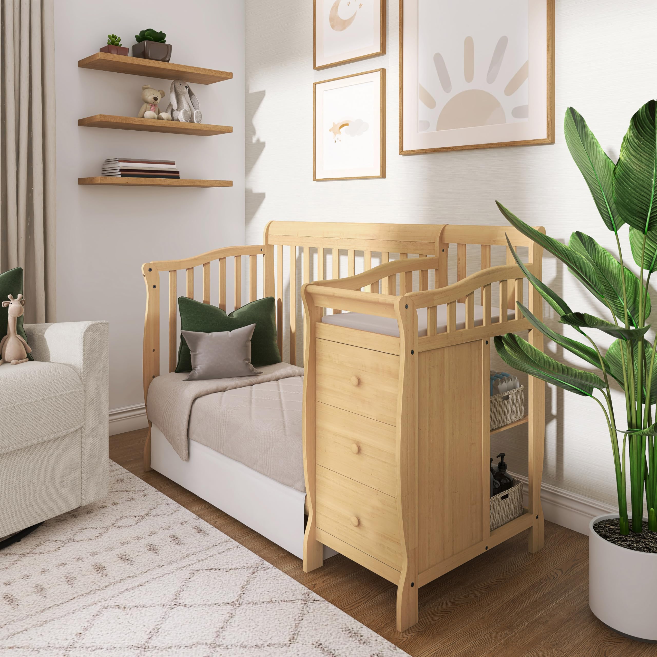 Dream On Me Jayden 4‑in‑1 Mini Convertible Baby Crib & Changer with Storage in Natural, Pinewood, GreenGuard Gold & BSA, 1” Mattress Pad, 3 Mattress Heights, Converts to Mini Day & Twin-Size Bed