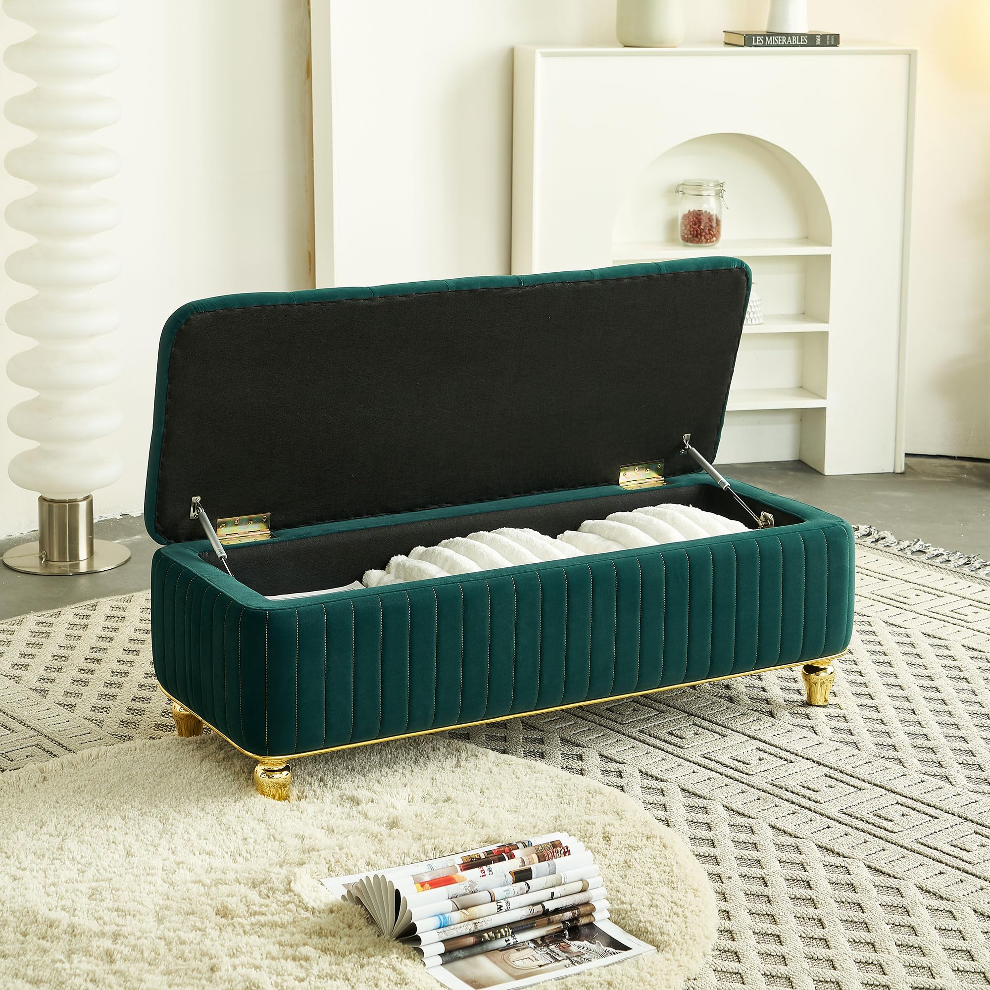 KEIKI 47" Rectangle Velvet Tufted Ottoman Bench with Solid Metal Leg, Modern Style Storage Footstool with Deep Button Tufting and Gold Embroidery, Easy Assembly, for Living Room, Bedroom, Green