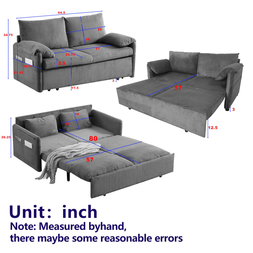 Eafurn 3 in 1 Convertible Pull Out Sleeper Sofa Couch Bed Queen Size, Corduroy Pullout Lounge Loveseat RV Sofa&Couches Sofabed with Soft Pillows Armrest,Side Pockers for Living Room Apartment