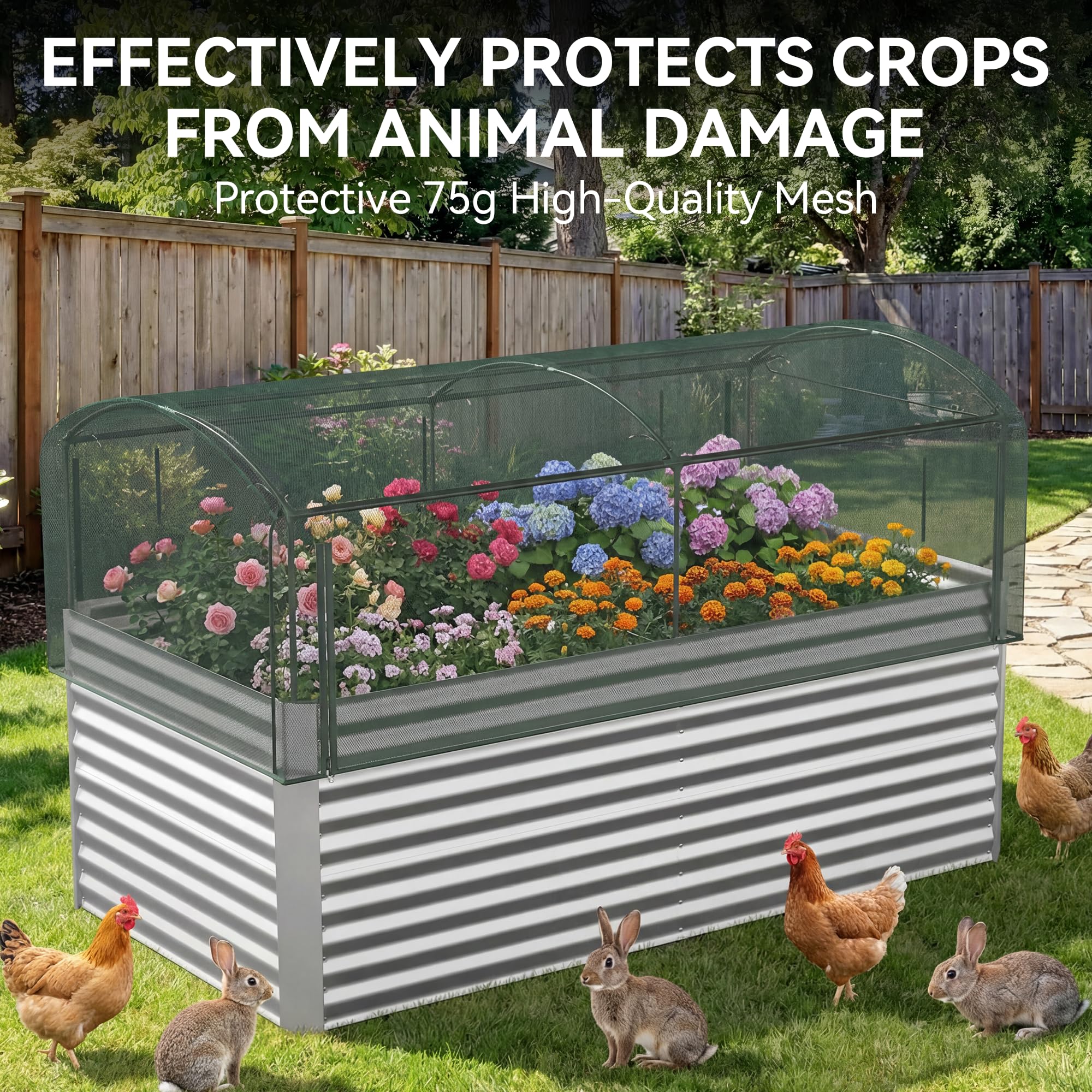 8x4x3 ft Tall Galvanized Raised Garden Bed with Self-Watering System, Elevated Planter Boxes Outdoor with Mesh Cover, Rectangular Deep Raised Beds for Gardening,Vegetables,Flower, Backyard, Patio