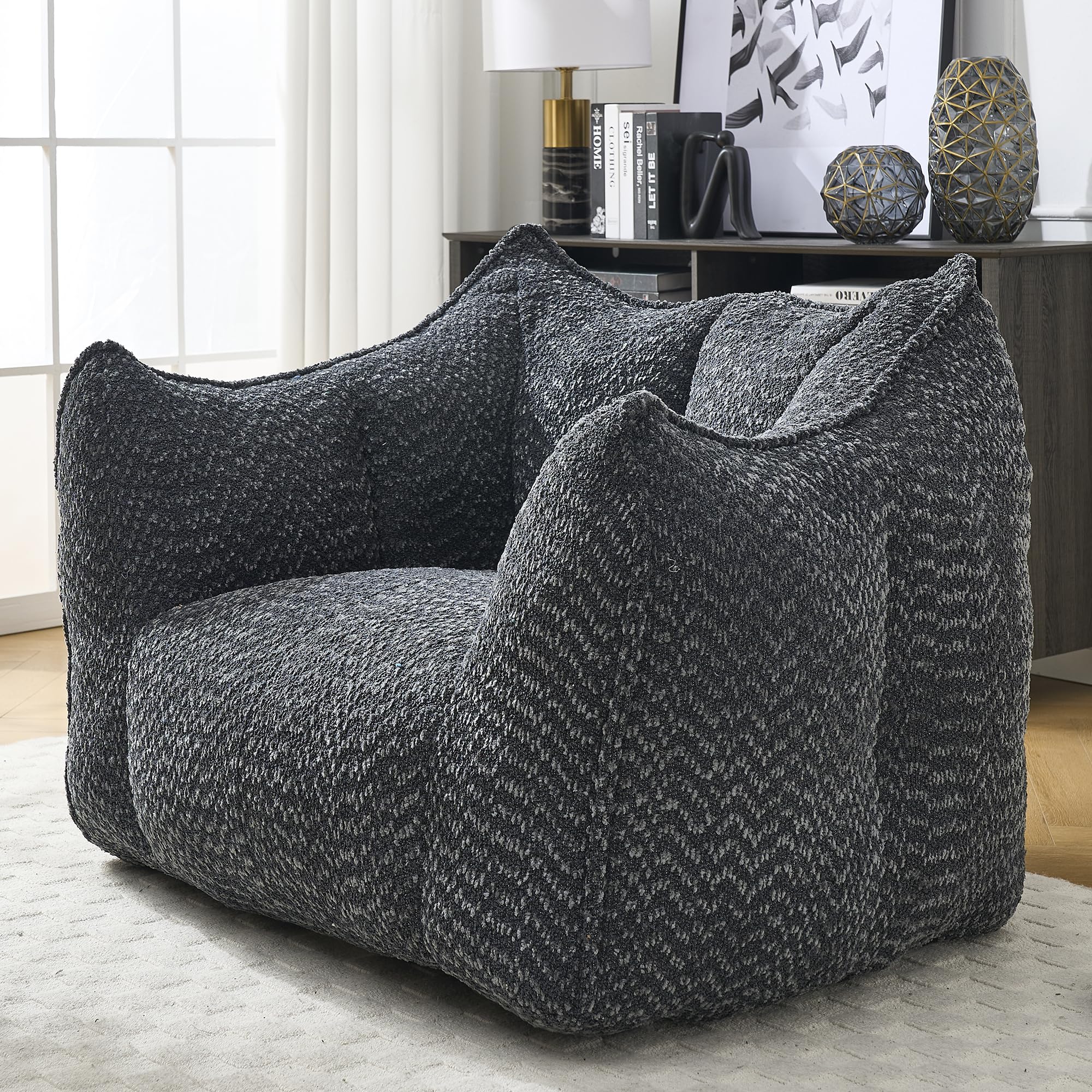 Large Chenille Bean Bag Chair for Adults - Oversized Square Lazy Sofa, Comfortable Gaming Reading TV Seat, 47.2" W x 36.2" D, Black, Living Room & Bedroom Essential