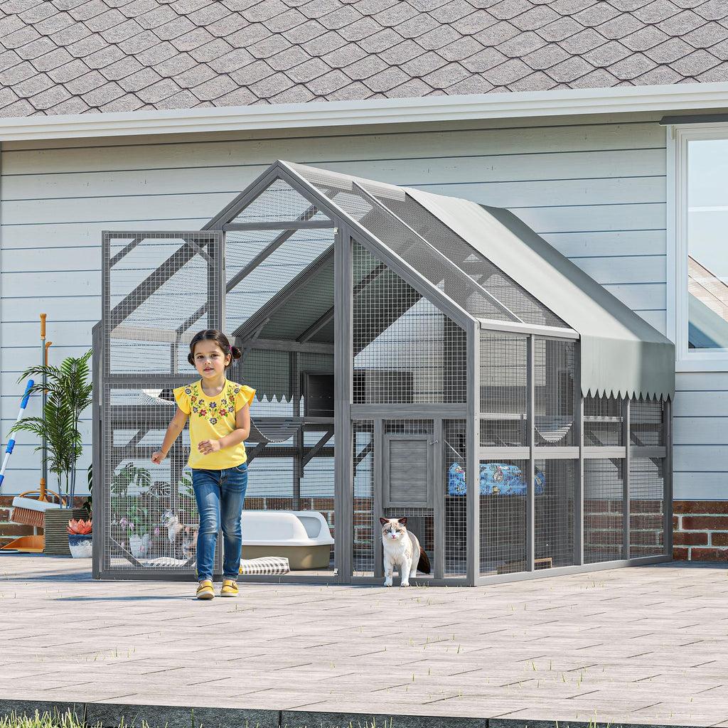 KEIKI 110" Large Outdoor Cat Enclosure for Multiple Cats, Weatherproof Wooden Catio with 7 Platforms, 2 Resting Boxes, 2 Bridges & Canopy, Secure Outdoor Cat House, Gray