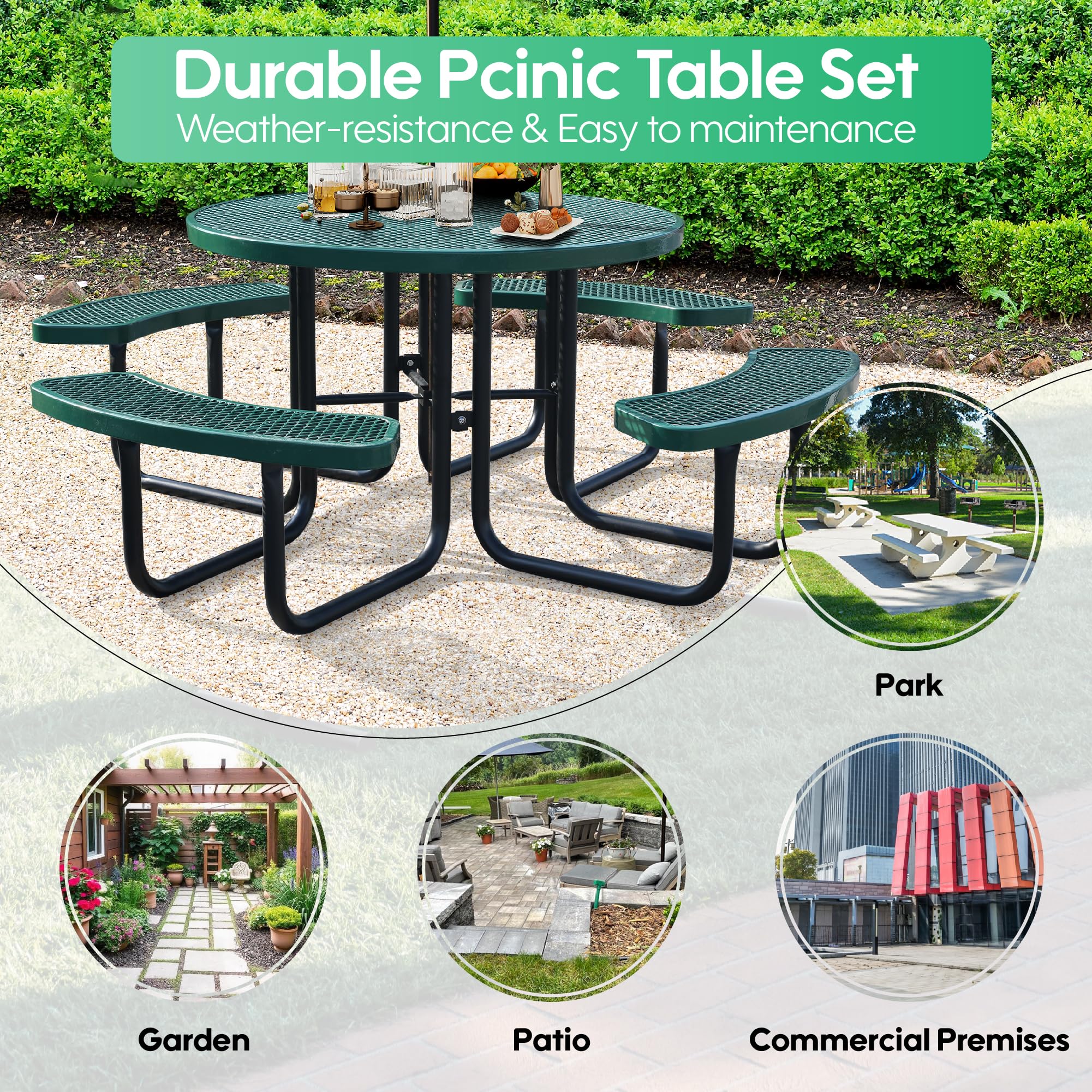 Sunnibety 8-Person Picnic Tables for Outdoors, Industrial 46" Expanded Metal Round Picnic Table with 4 Benches & Umbrella Hole, Outside Table and Bench Set for Park, Garden, Backyard, Patio, Green