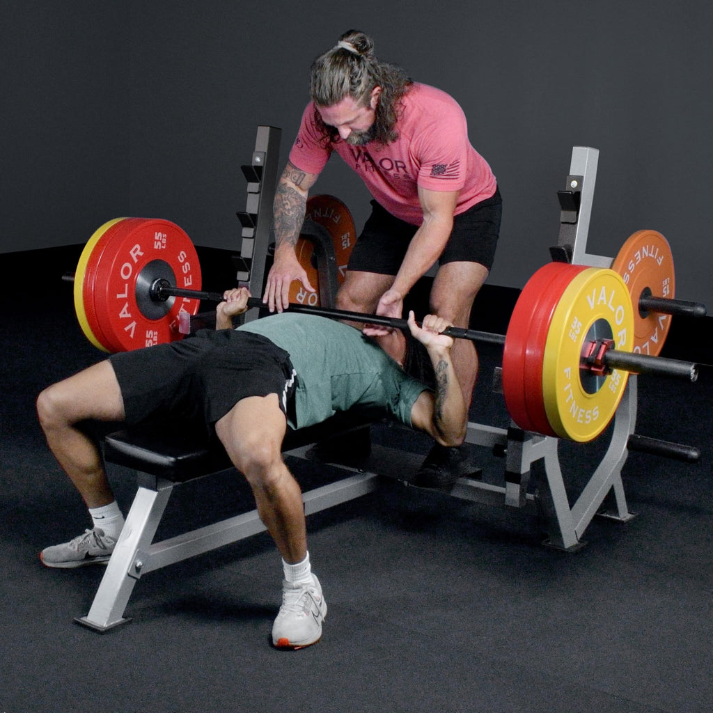 Valor Fitness Olympic Weight Bench Press Station - Spotter Arms - Adjustable Safety Catch- Max 500 lbs - Plate Storage Pegs - Home Gym Equipment