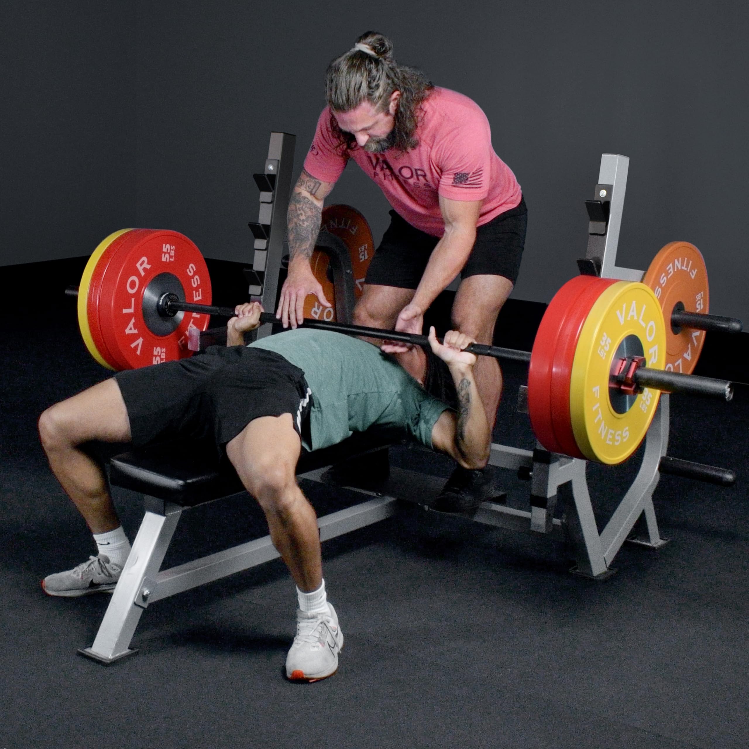 Valor Fitness Olympic Weight Bench Press Station - Spotter Arms - Adjustable Safety Catch- Max 500 lbs - Plate Storage Pegs - Home Gym Equipment