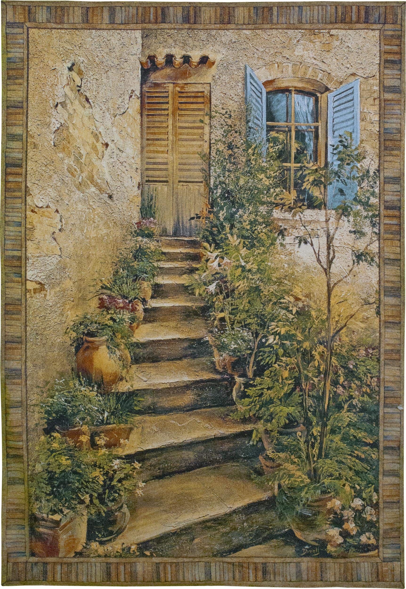 Tuscan Villa II by Roger Duvall | Woven Tapestry Wall Art Hanging | Rustic Italian Village Steps | 100% Cotton USA Size 53x75