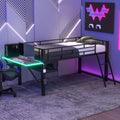 Merax Mid Loft Bed Twin Size with Desk, Metal Gaming Loft Bed with LED Light, for Teens & Adults, Black