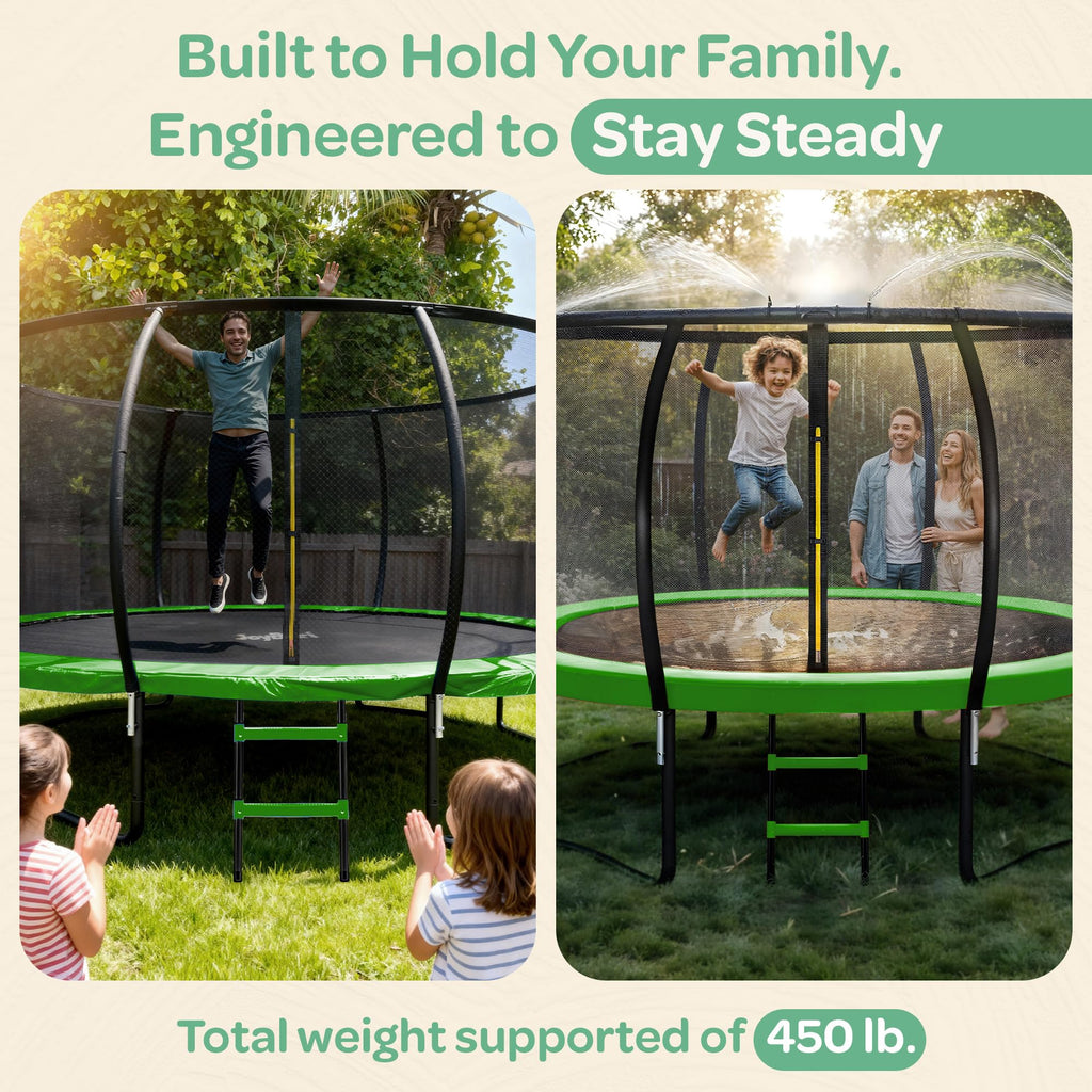 JoyBerri Trampoline Outdoor - Upsurge ASTM Certified Safe 8Ft 10Ft 12Ft 14Ft 15Ft 16Ft Recreational Trampoline for Kids and Adults. Anti-Rust Coating with Enclosure Net, Ladder, Sprinkler & LED Lights