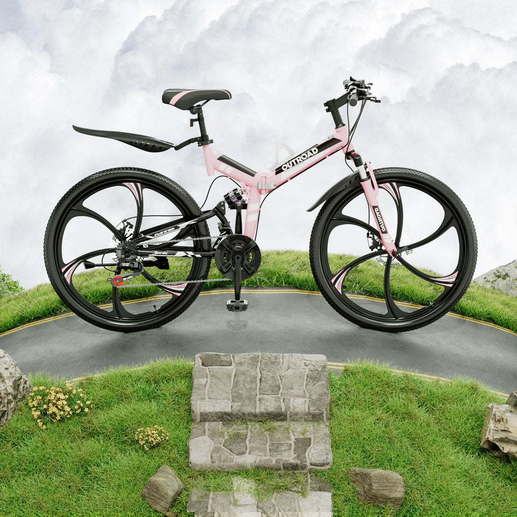 Outroad 26 Inch Folding Mountain Bike for Adults/Men/Women, 21 Speed Full Suspension High-Carbon Steel MTB Foldable Bicycle, Dual Disc Brake Non-Slip Folding Bikes, Pink