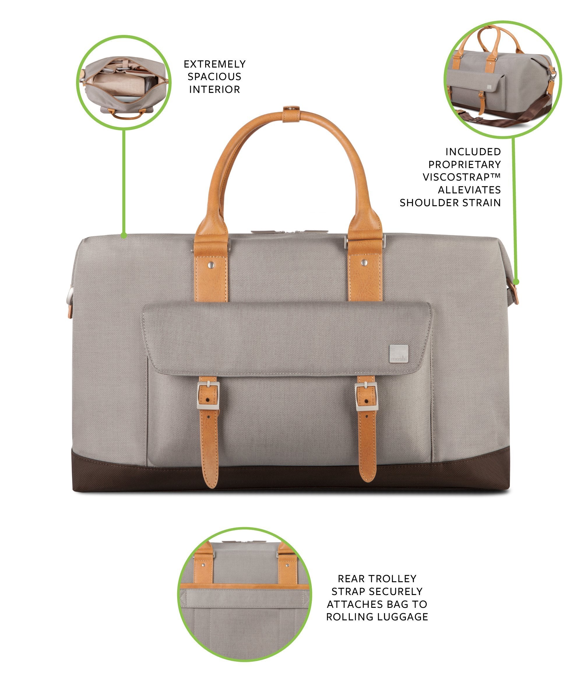 Moshi Vacanza Weekend Travel Bag, Duffle Canvas Luggage, Weather-Resistant Handbag- Gray