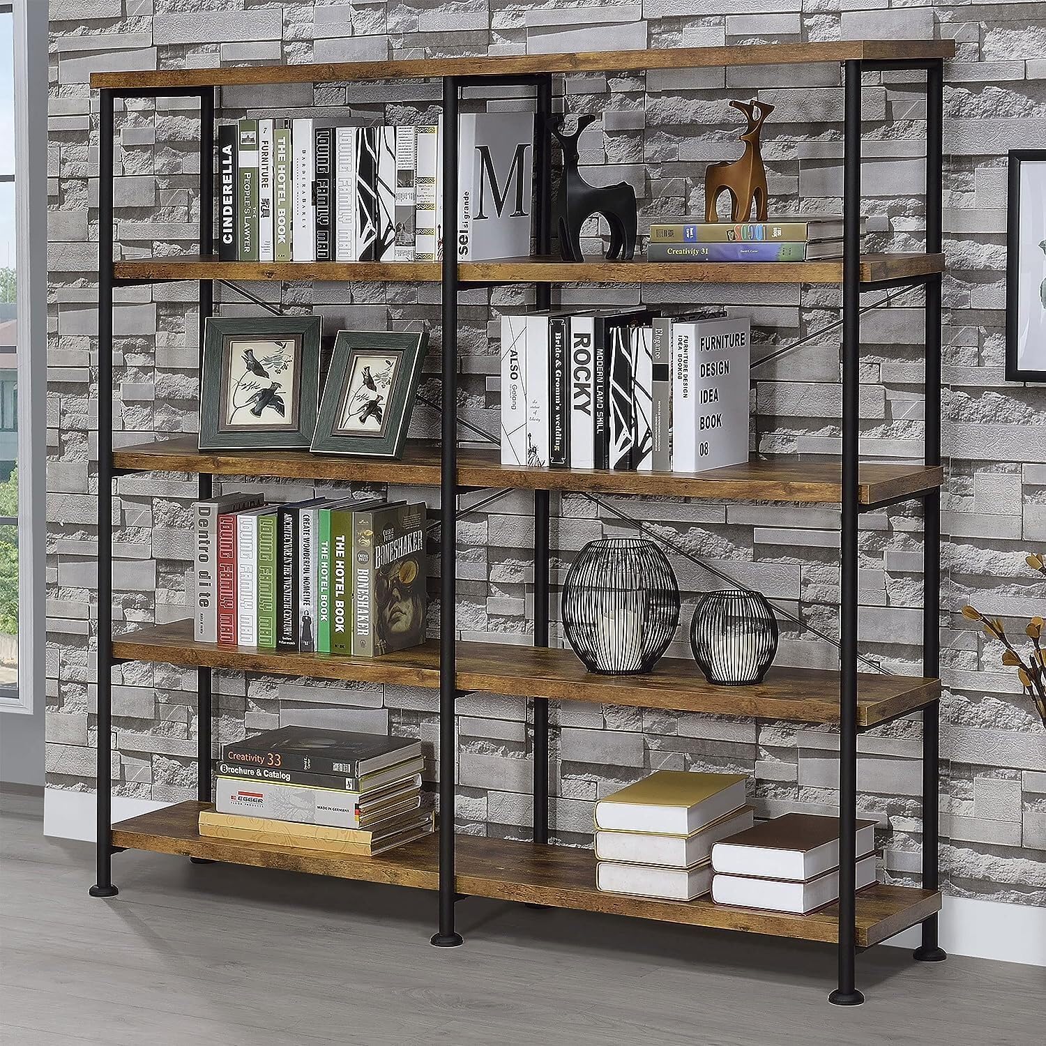 5-Tier Bookcase - Stylish Display Shelf for Home Decor & Books - Weathered Gray 4 Tier/Nutmeg & Black