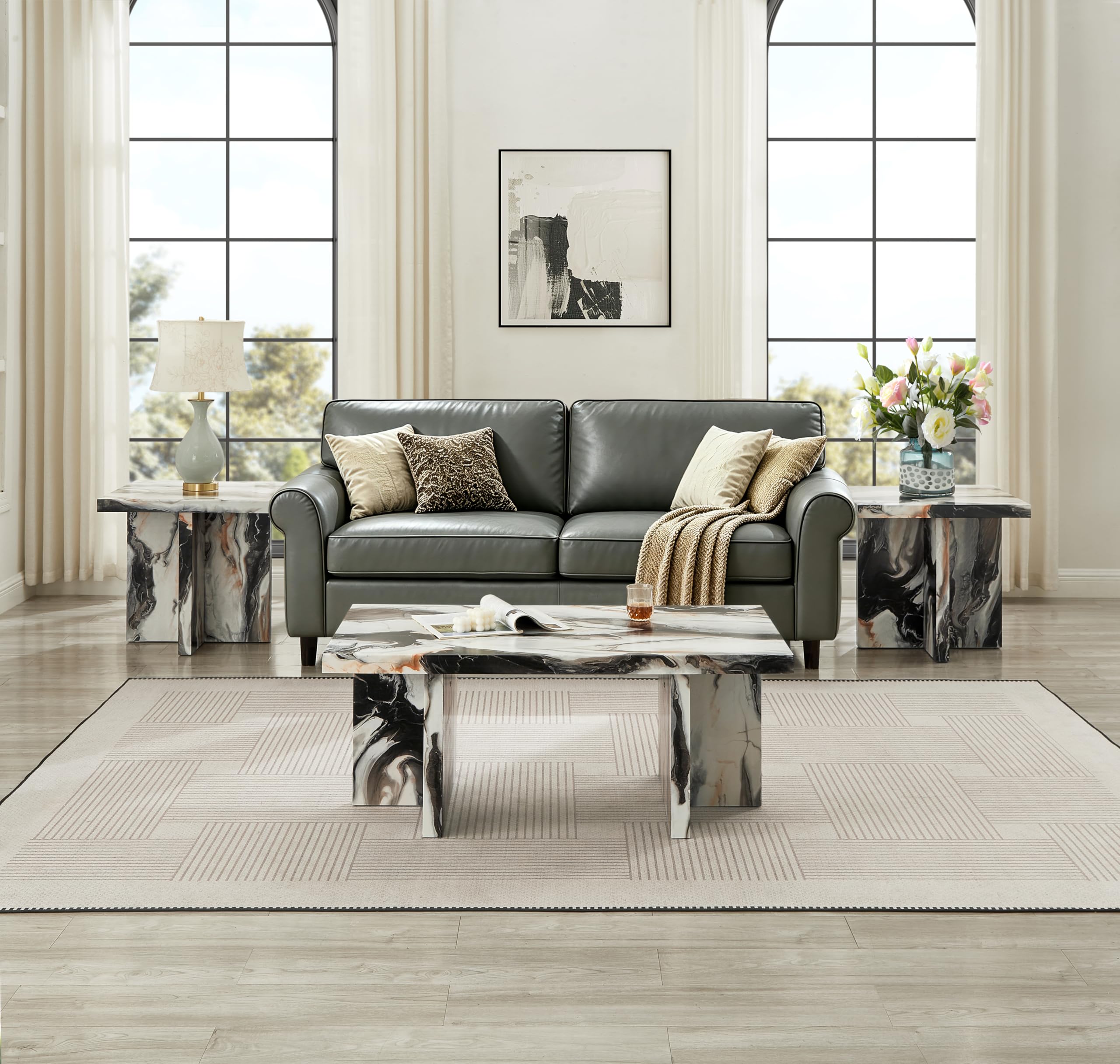Roundhill Furniture Mchome 3-Piece Coffee Table Set, Coffee Table and Two End Tables, Off-White Faux Marble