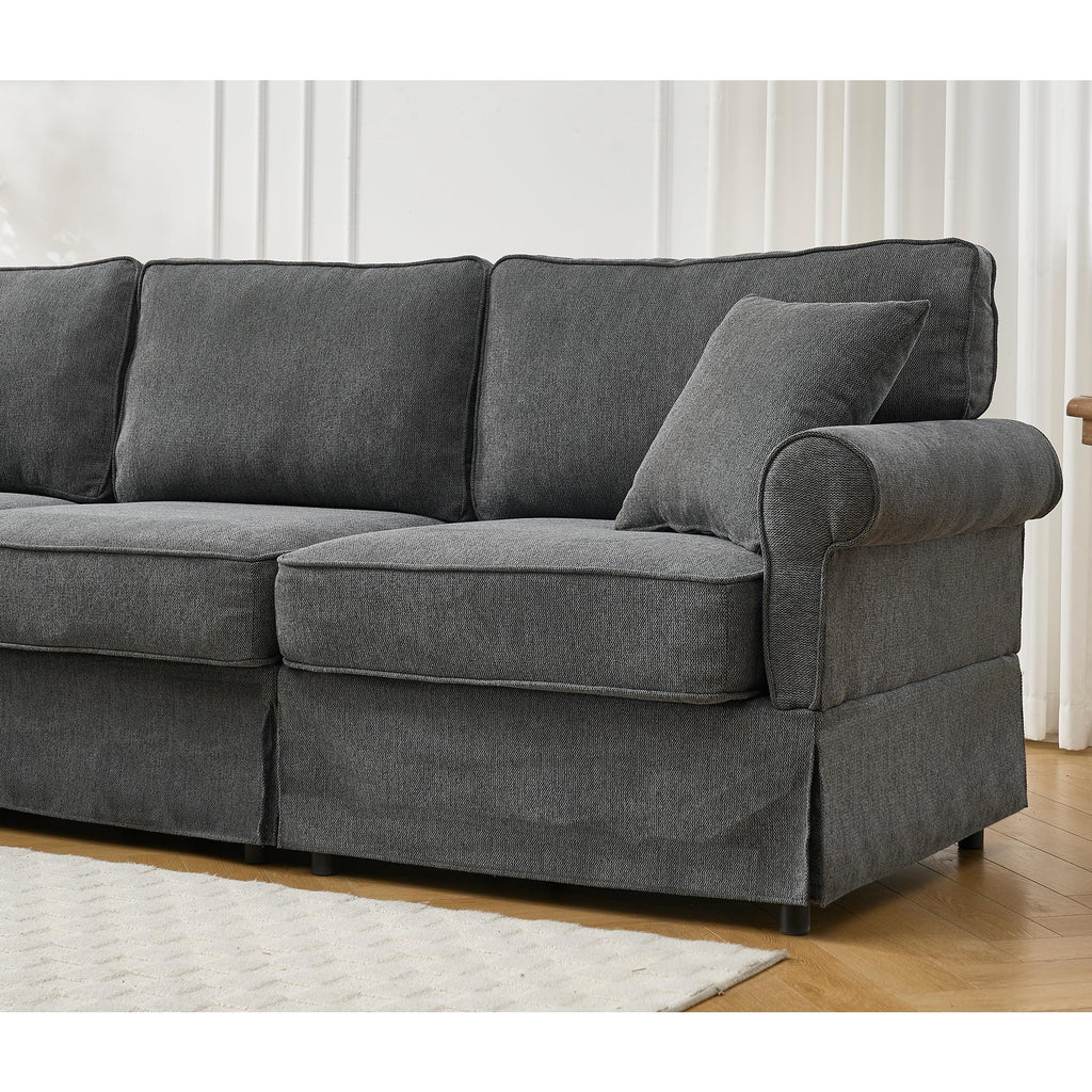 KEIKI 94" L-Shaped Oversized Modular Linen Sectional Sofa with Rolled Arms, Cushion Back, Modern Style Convertible 5-Seater Corner Couch, Easy Assembly, for Apartment, Living Room, Bedroom, Dark Gray