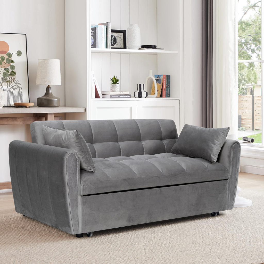 KEIKI 65" 3-in-1 Convertible Sofa Bed, Foldable Futon Couch with Adjustable Backrest & Pillows, Modern Velvet Sleeper Sofa for Living Room, Apartment, Small Space Furniture, Compact Guest Bed