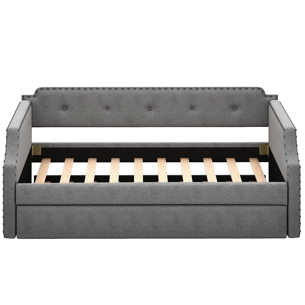 Merax Upholstered Daybed with Trundle, Wood Slat Support,Upholstered Frame Sofa Bed, Twin, Gray