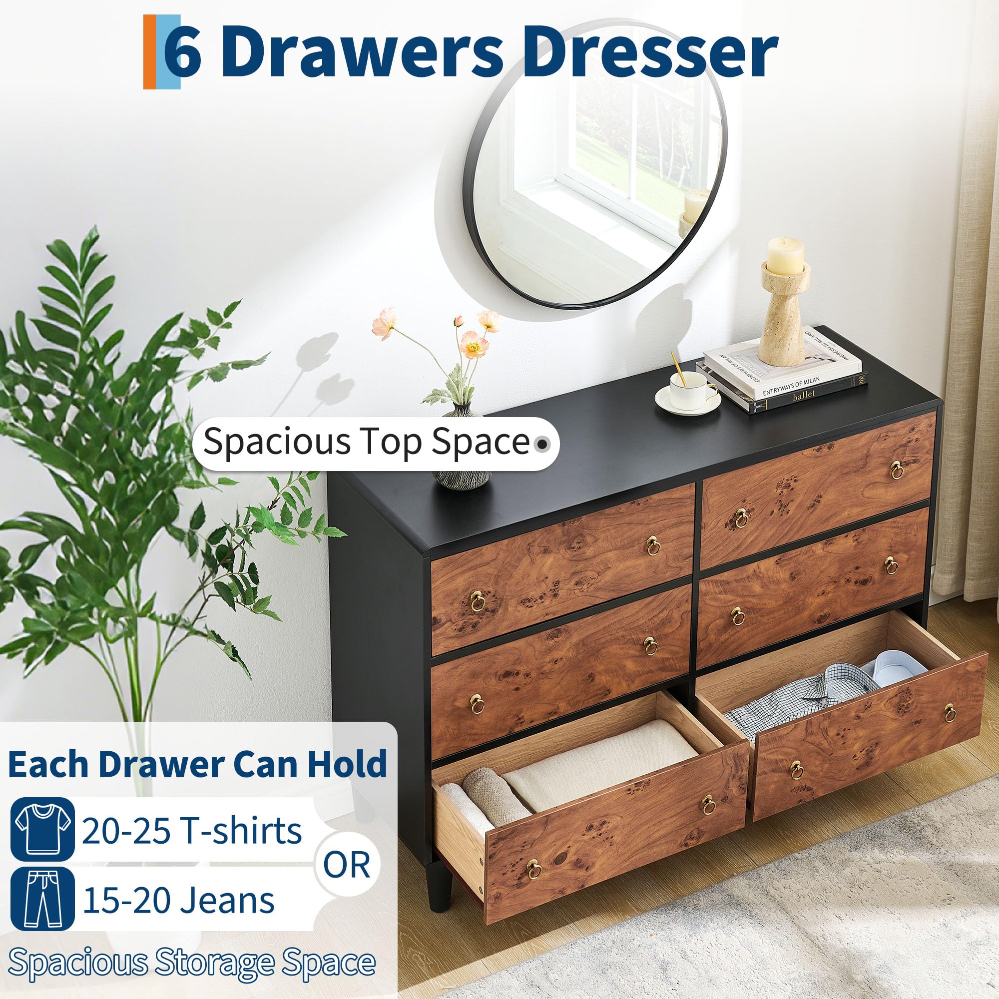 IDEALHOUSE 6 Drawers Dresser for Bedroom, 47" Wide Modern Chest of Drawers with Vintage Circle Handle w/Curved Profile Design, Wood Dresser for Living Room, Hallway, Entryway, Natural Oak
