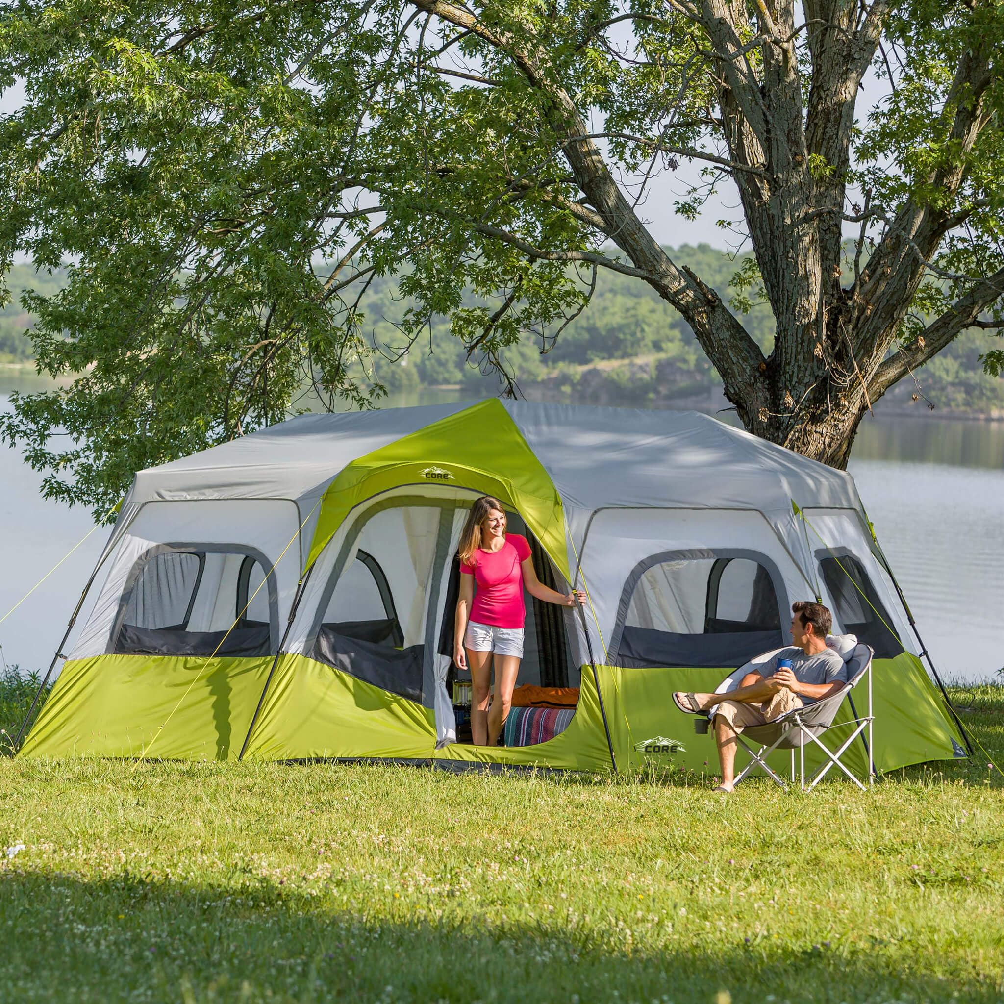 CORE 12 Person Instant Cabin Tent | Large 3 Room Family Pop Up Tent for 2 Minute Camp Setup | Included Storage Pockets for Camping Accessories