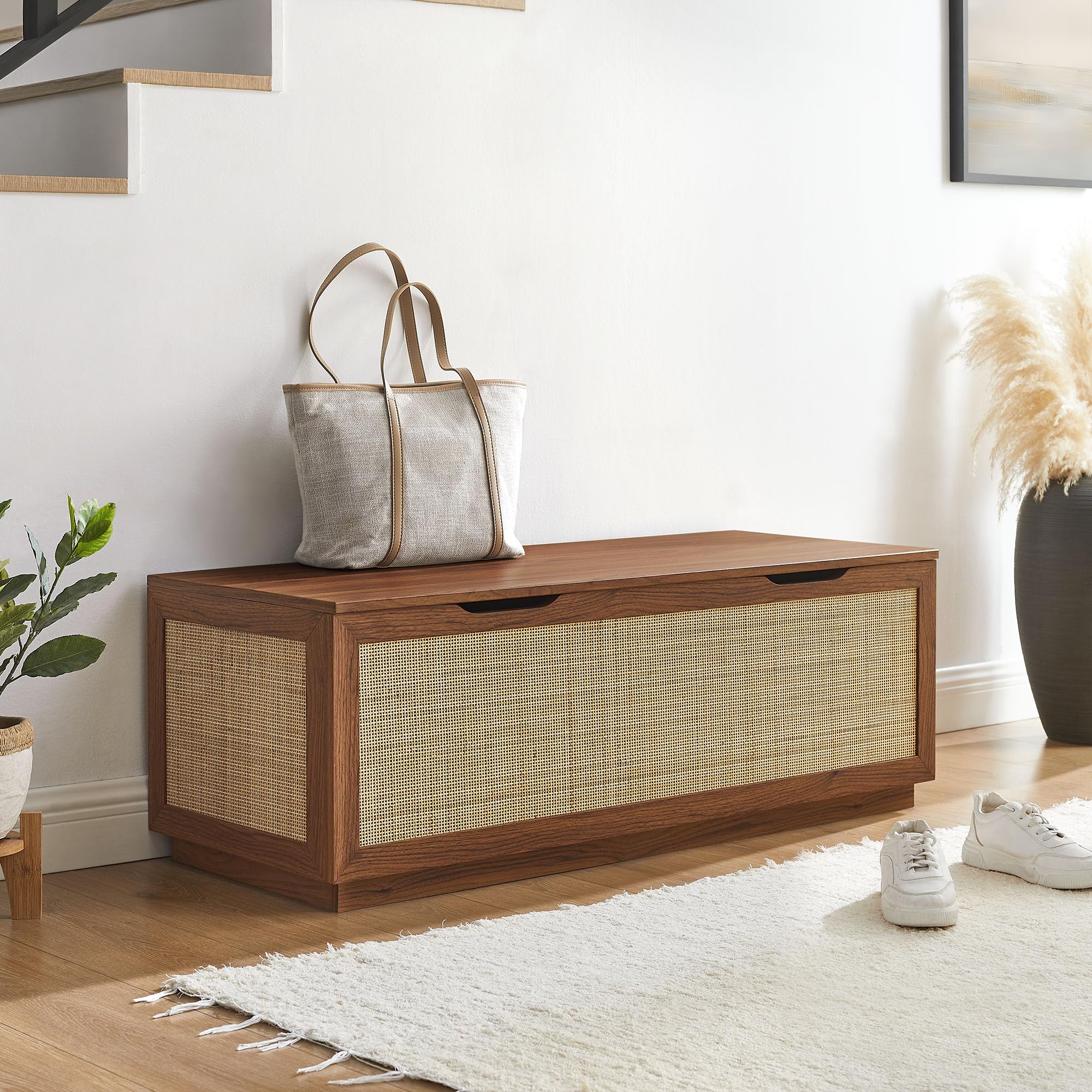 Modway Soma Rattan Storage Bench in Walnut – Faux Cane Flip-Top Low Profile Storage Ottoman for Bedroom, Entryway, or Living Room