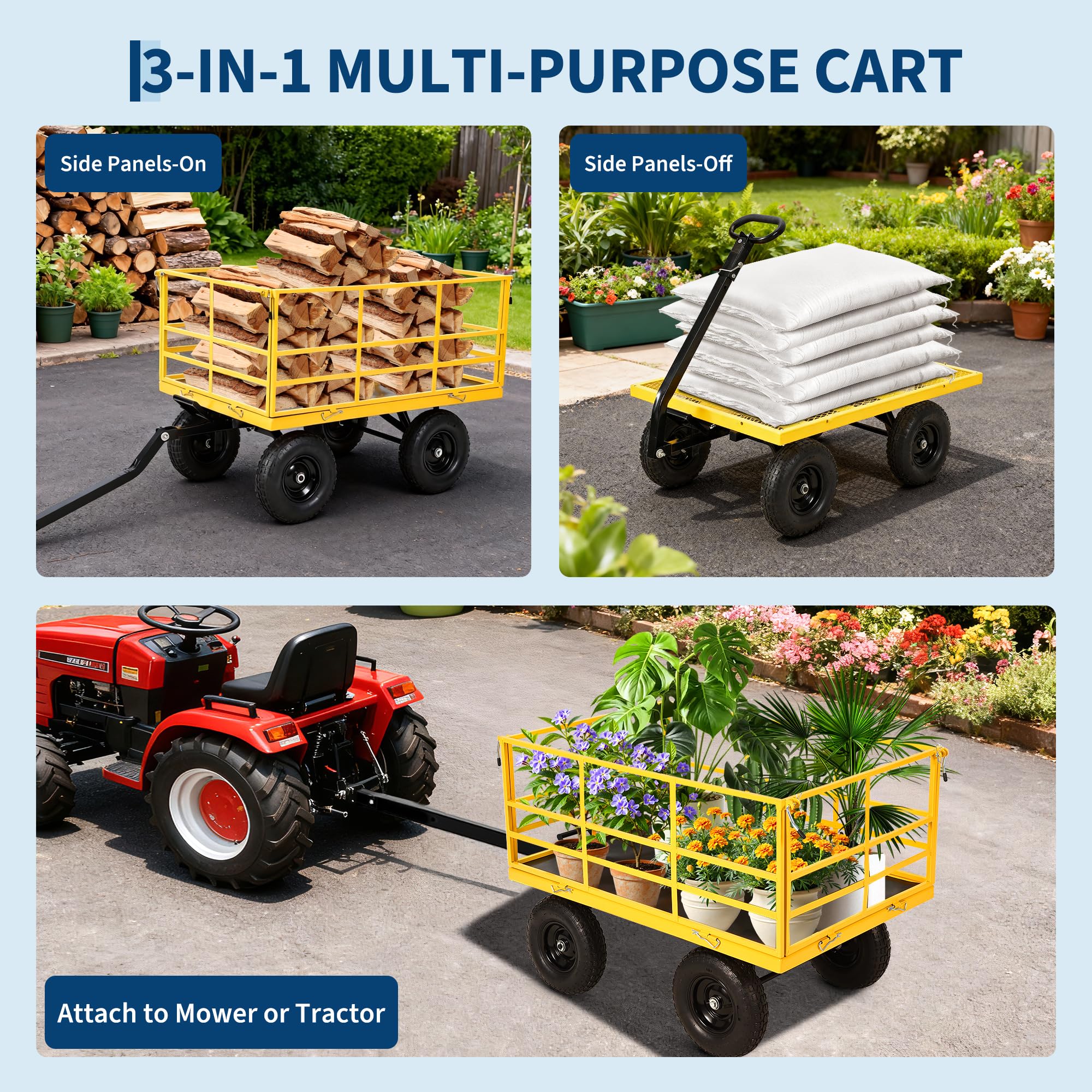 Heavy Duty 1500 Lbs Capacity Mesh Steel Garden Cart Folding Utility Wagon with Removable Sides, Garden Cart on Wheels for Gardening Soil, Tools, and Plant Transport