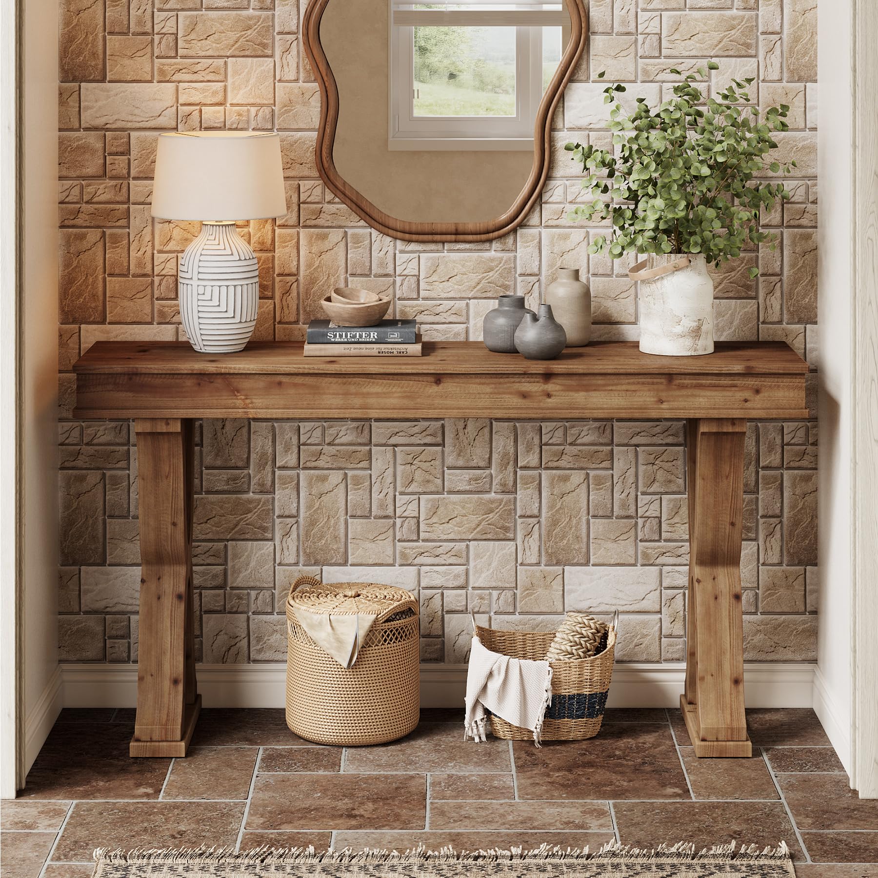 TRIBEWOOD 63-Inch Solid Wood Console Table, Farmhouse Entryway Table with X-Shaped Legs, Long Sofa Table for Living Room, Hallway, or Foyer, Easy Assembly, Anti-tip Kits