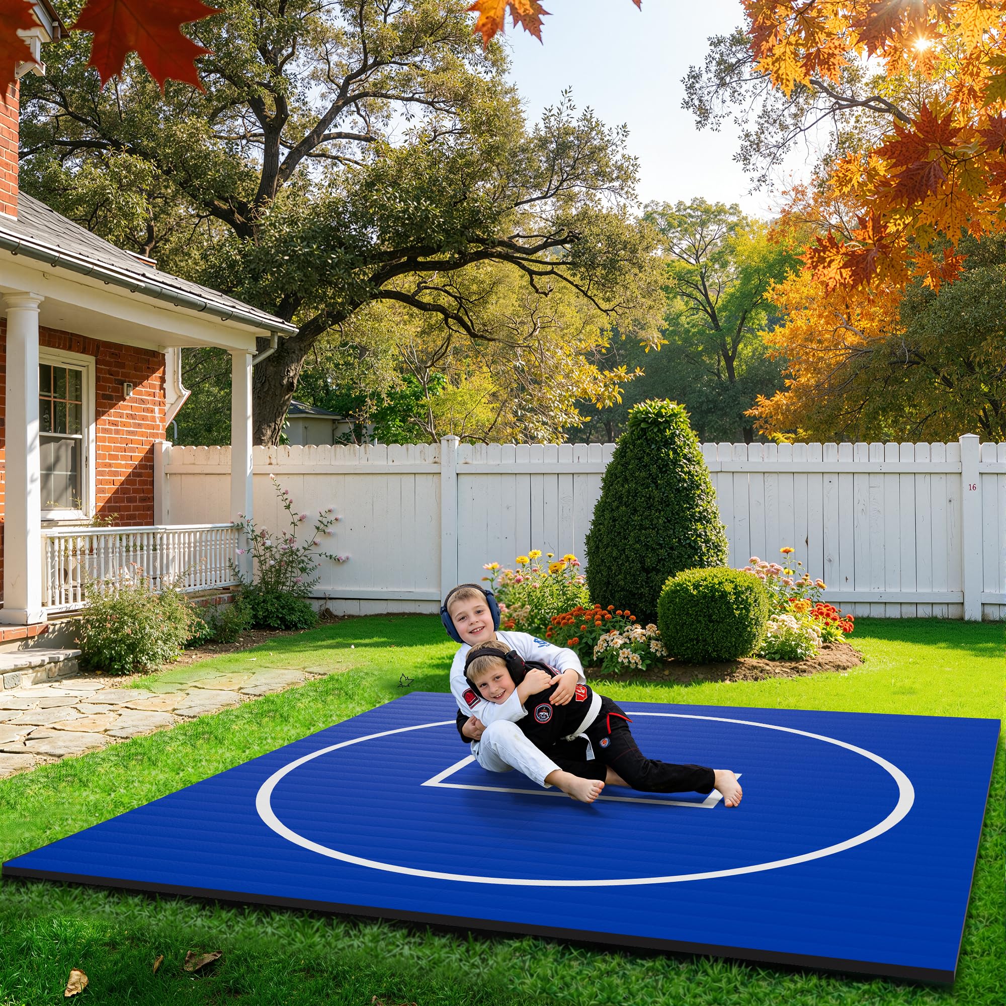 GianToucan Wrestling Mat for Home, ８’x ８’x 1.25” Grappling Mat for Wrestling, MMA, BJJ, Jiu Jitsu, Judo, Gym, Roll-Up Wrestling Practice Mat for Kids & Adults，Easy to Clean Indoor/Outdoor, Blue