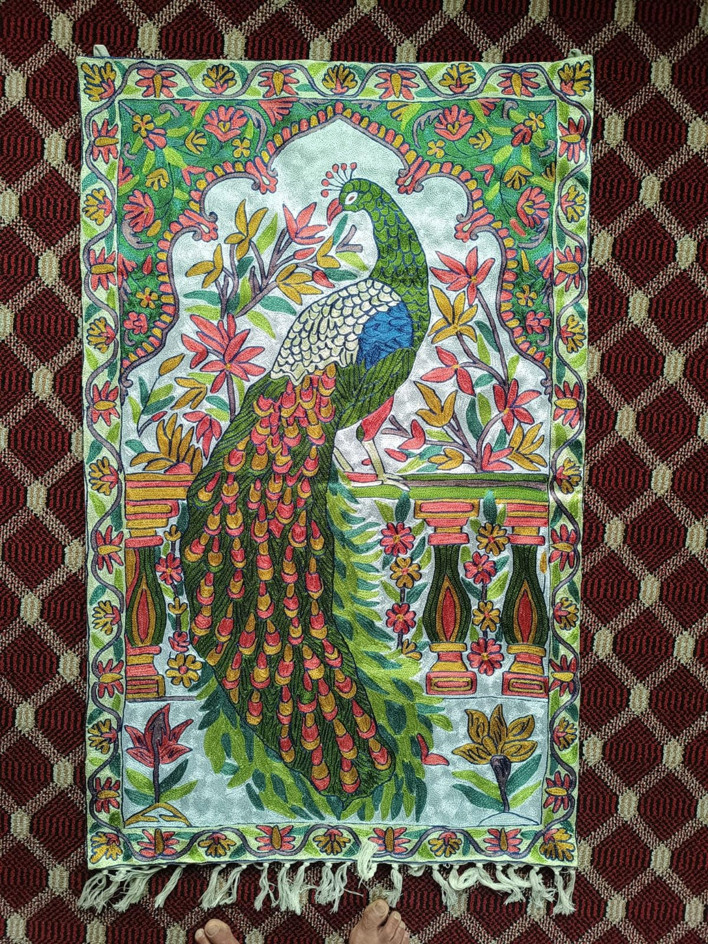 Kashmir Handmade Chain Stitch Peacock Wall Tapestry, Silk and Cotton on Canvas, 2.5 x 4 ft, Multicolor Floral Design Pack of 01