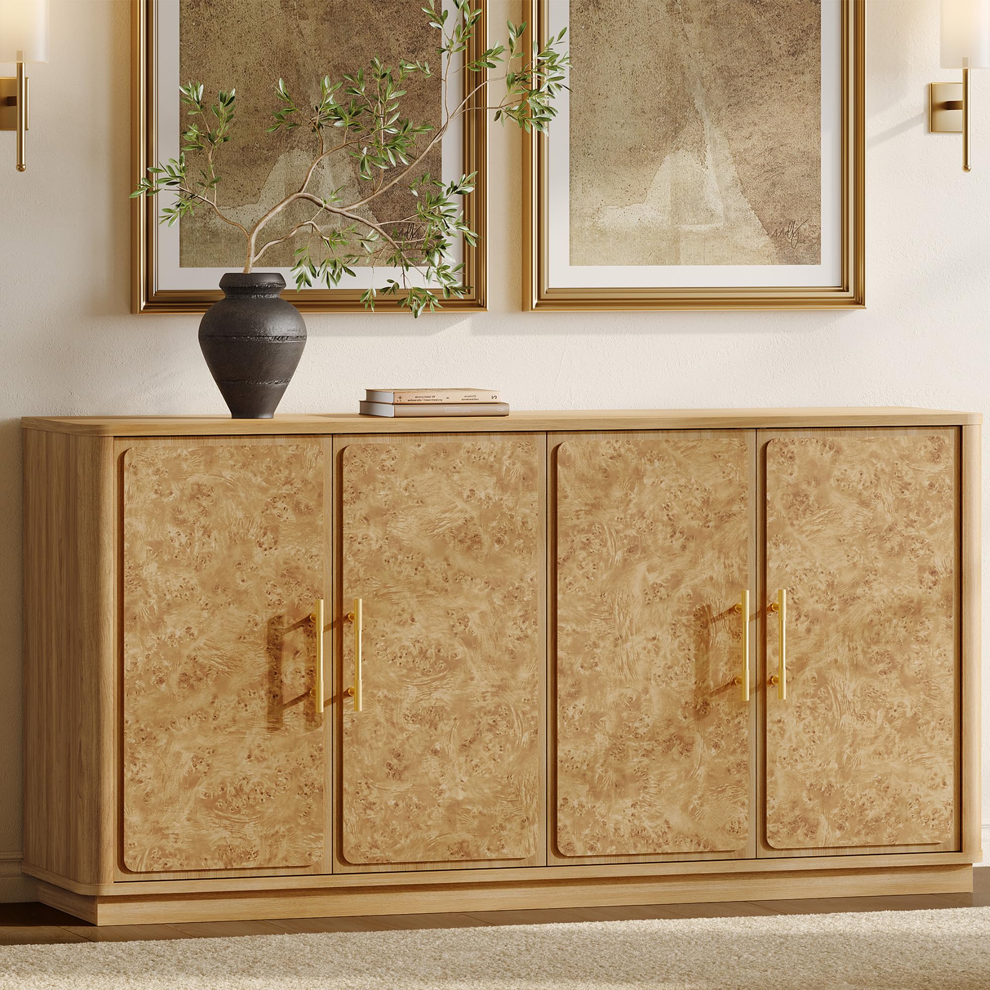 SICOTAS Buffet Cabinet with Storage - Burluxe 59" Sideboard Cabinet with 4 Doors Luxury Burl Storage Cabinet Accent Credenza Large Media Console Table for Living Room Dining Room Entryway Kitchen