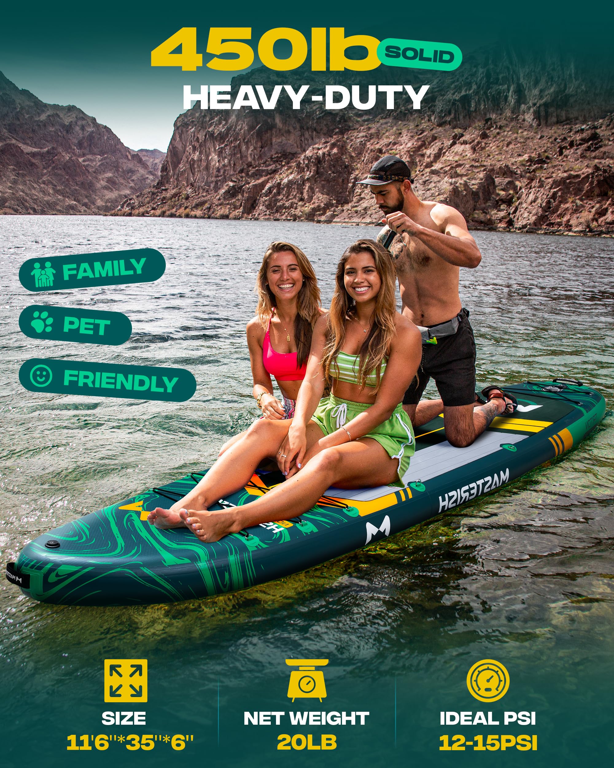 MASTERISH Extra Wide Inflatable Paddle Board 11’6 x 35’’ x 6’’, 450 LB High Weight Capacity SUP, Wide Stable Stand Up Paddle Board for Heavy People, Family & 2/3 Person, XL All-Around Paddleboard