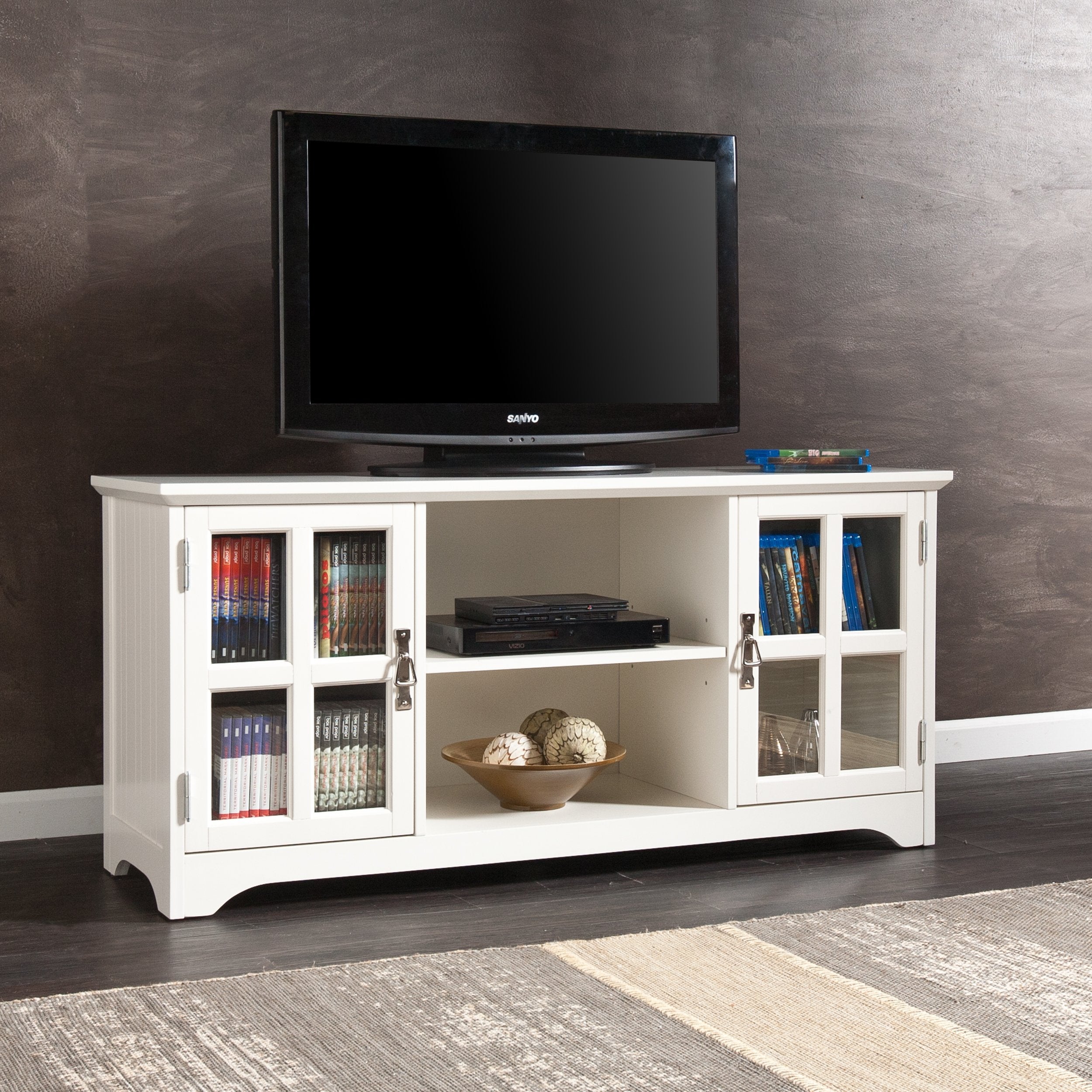 SEI Furniture - Remington TV Media Stand - White - Transitional Design, White Glass and Wood - Ideal for Living Room, Family Room (MS9908)