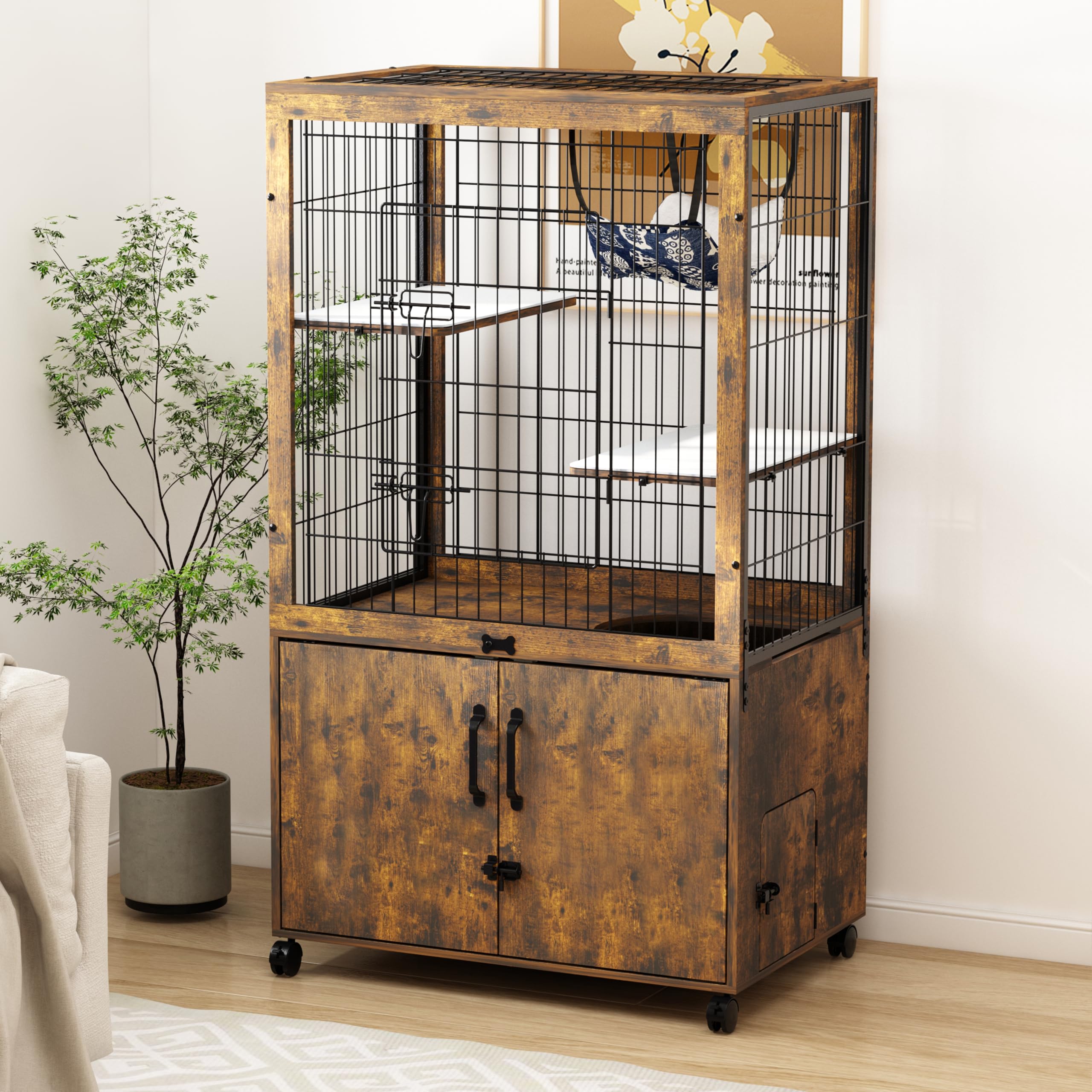 Megidok Furniture Cat Cages Indoor with Wooden Hidden Litter Box Enclosure Built-in Urine Cover Cat Kennel Cat Crates Cat Playpen - Rustic Brown