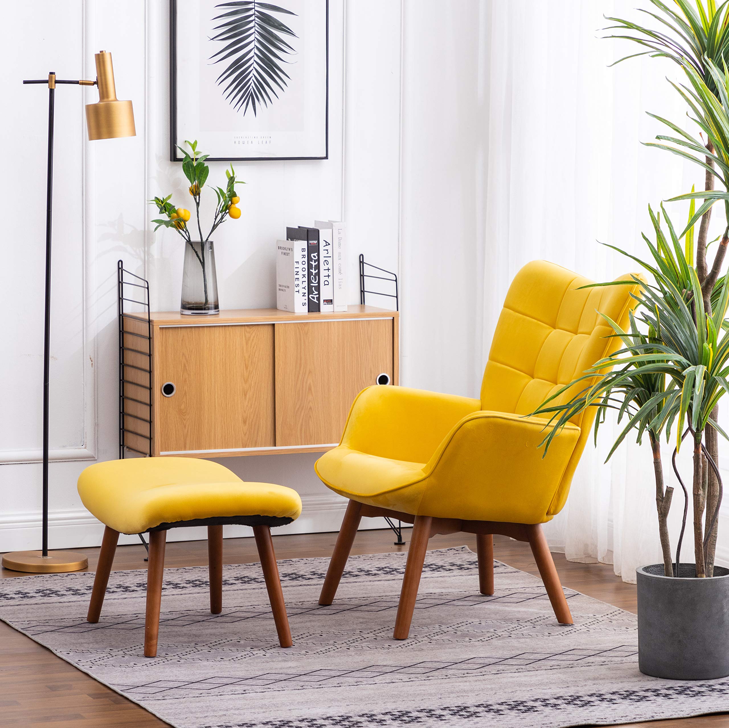 Roundhill Furniture Leiria Contemporary Silky Velvet Tufted Accent Chair with Ottoman, Yellow