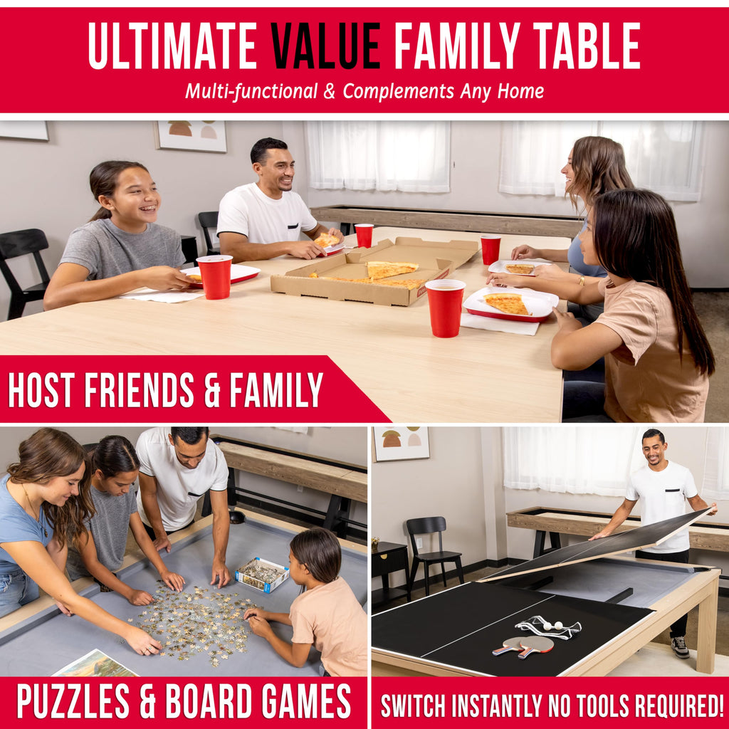 GoSports 8 ft 3 in 1 Pool, Dining, & Table Tennis Combo Table and Storage Benches - Convertible Billiards with Game Accessories - Light Birch