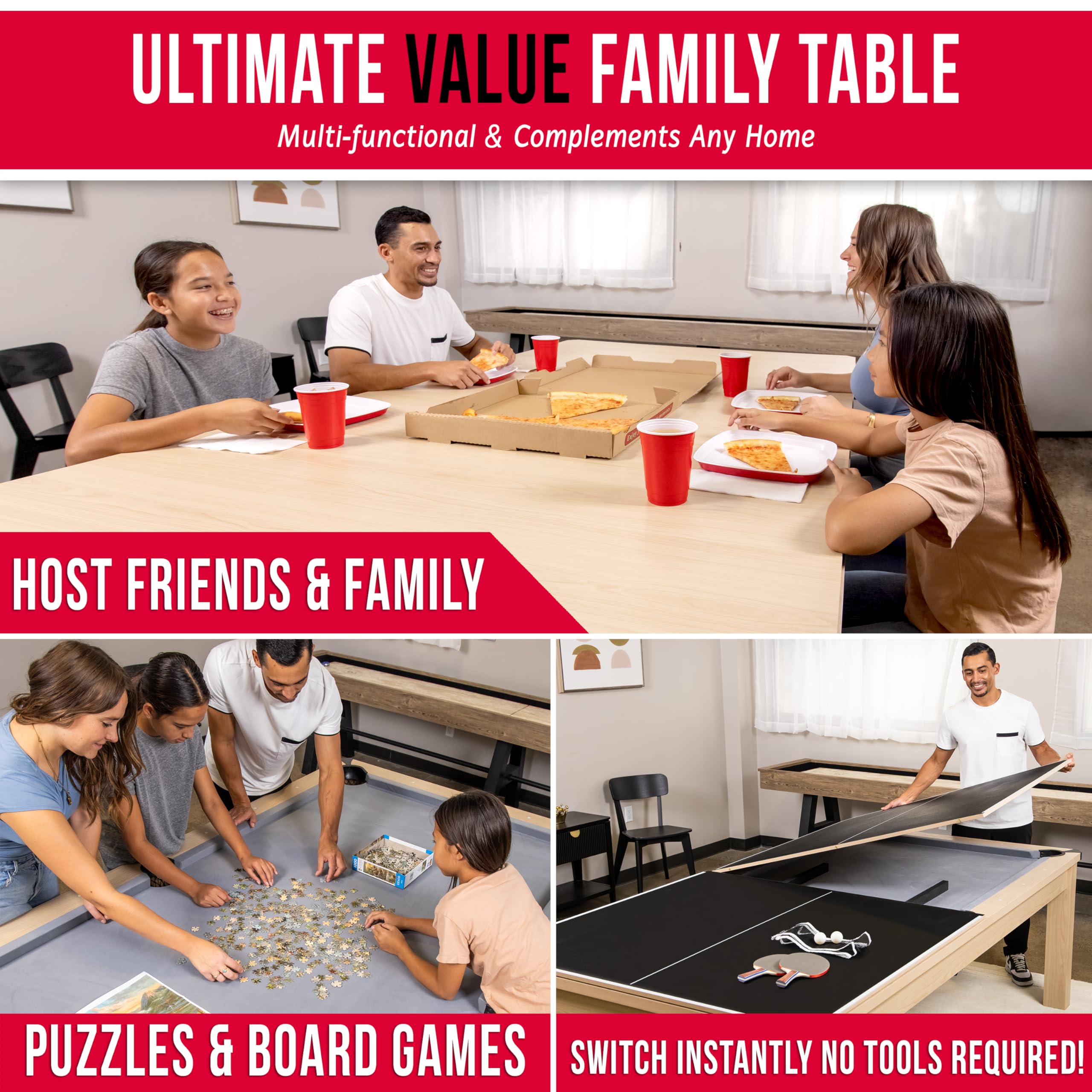 GoSports 8 ft 3 in 1 Pool, Dining, & Table Tennis Combo Table and Storage Benches - Convertible Billiards with Game Accessories - Light Birch