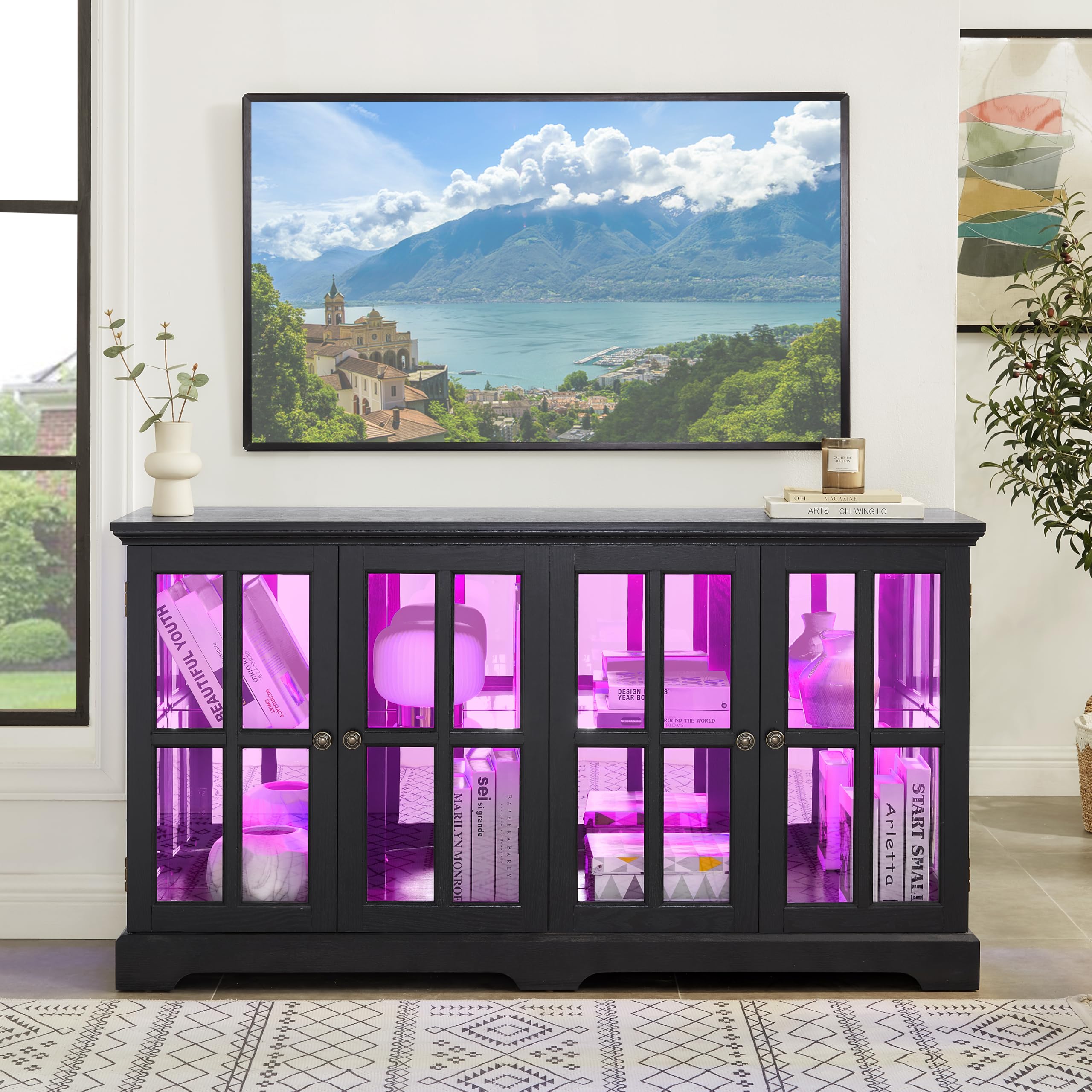 KEIKI Antique Glass Display Cabinet with LED Light Strip, Adjustable Shelves, Curio Cabinet with Tempered Glass Doors, Retro 4-Door Design for Home or Office, Black