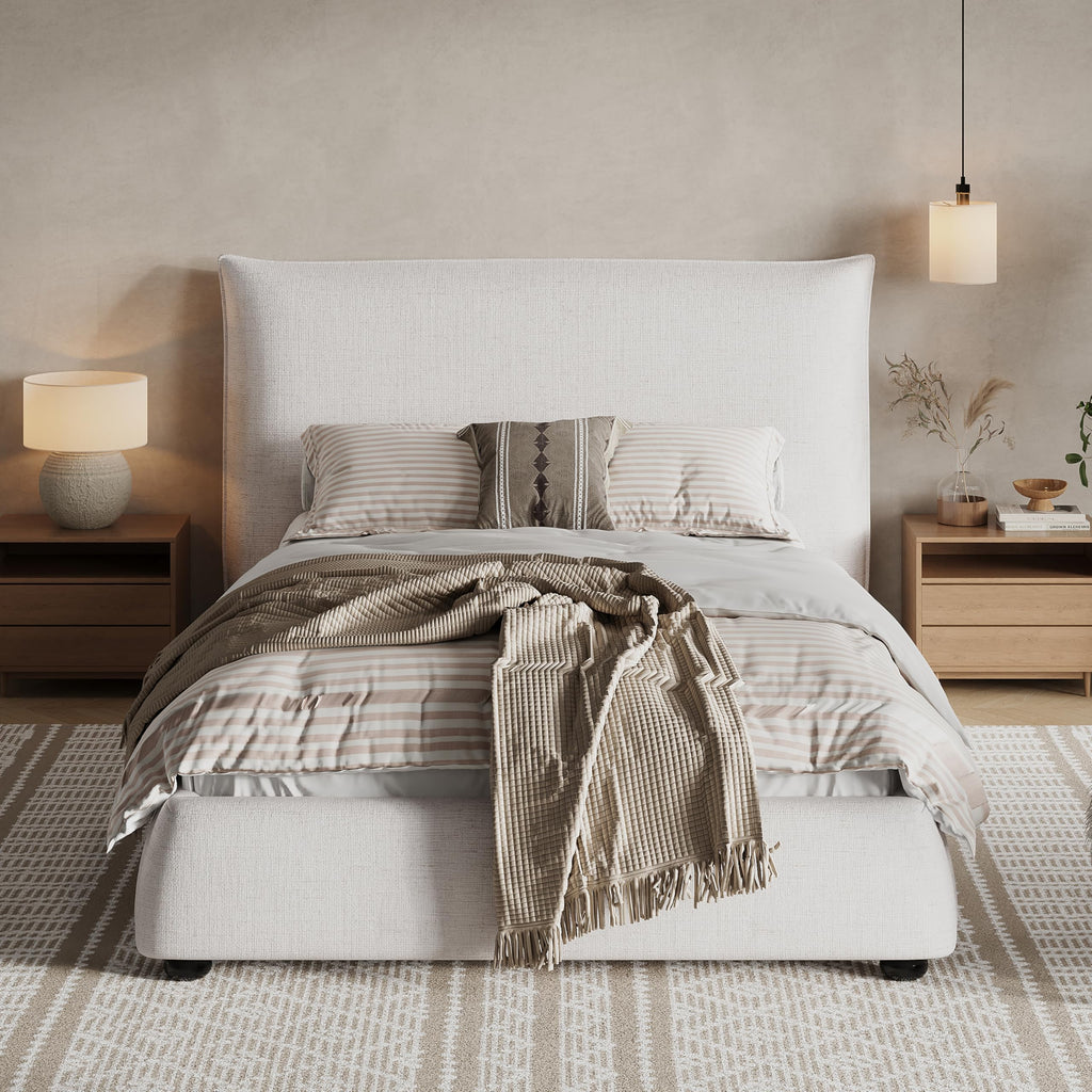 Merax Modern Upholstered Platform Bed with Linen Pillow-Back Headboard, Twin Size Wood Floor Bed Frame with High Wingback, No Box Spring Needed, Easy Assemble, Beige