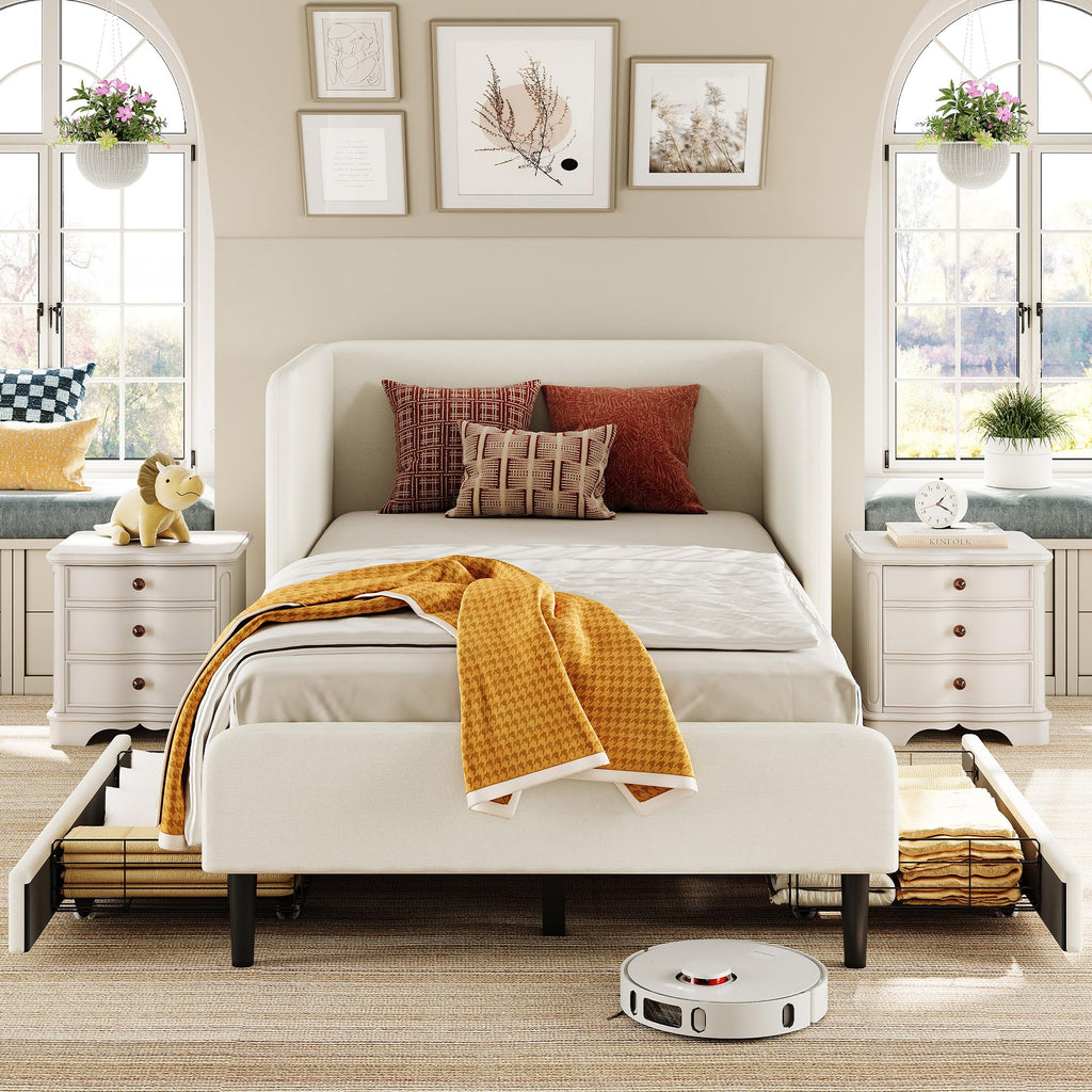 LIKIMIO Twin Daybed with Headboard, Corner Bed Frame with Bed Rails and Storage Drawers, Solid Support, for Bedroom Guest Room, Cream