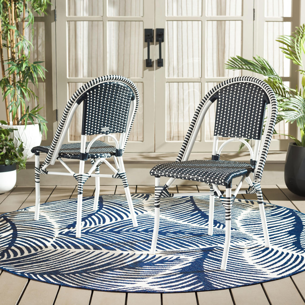 SAFAVIEH Outdoor - Torino Bistro Chair Set of 2 - Navy & White - Faux Wicker & Aluminum Frame - Bistro Side Chair Design - Ideal for Patio, Deck, Sunroom, Dining Area, 18" Seat Height (PAT7550F-SET2)
