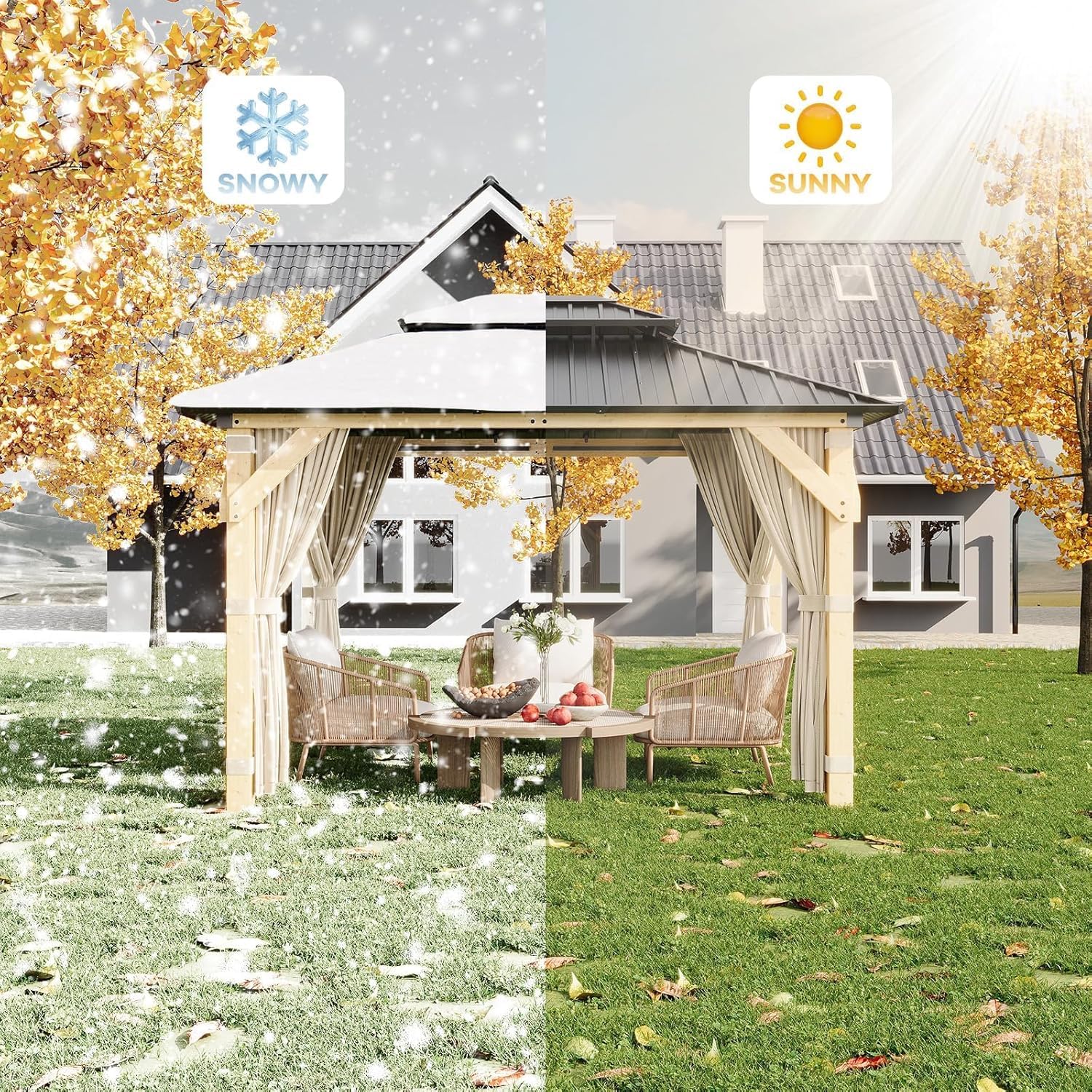 12' × 10' Hardtop Wood Gazebo with Double Galvanized Steel Roofm, Upgrade Wooden Frame with Nettings & Curtains for Backyard, Patio, Garden, All-Weather Khaki Outdoor Pavilion (4 Packages Shipped)