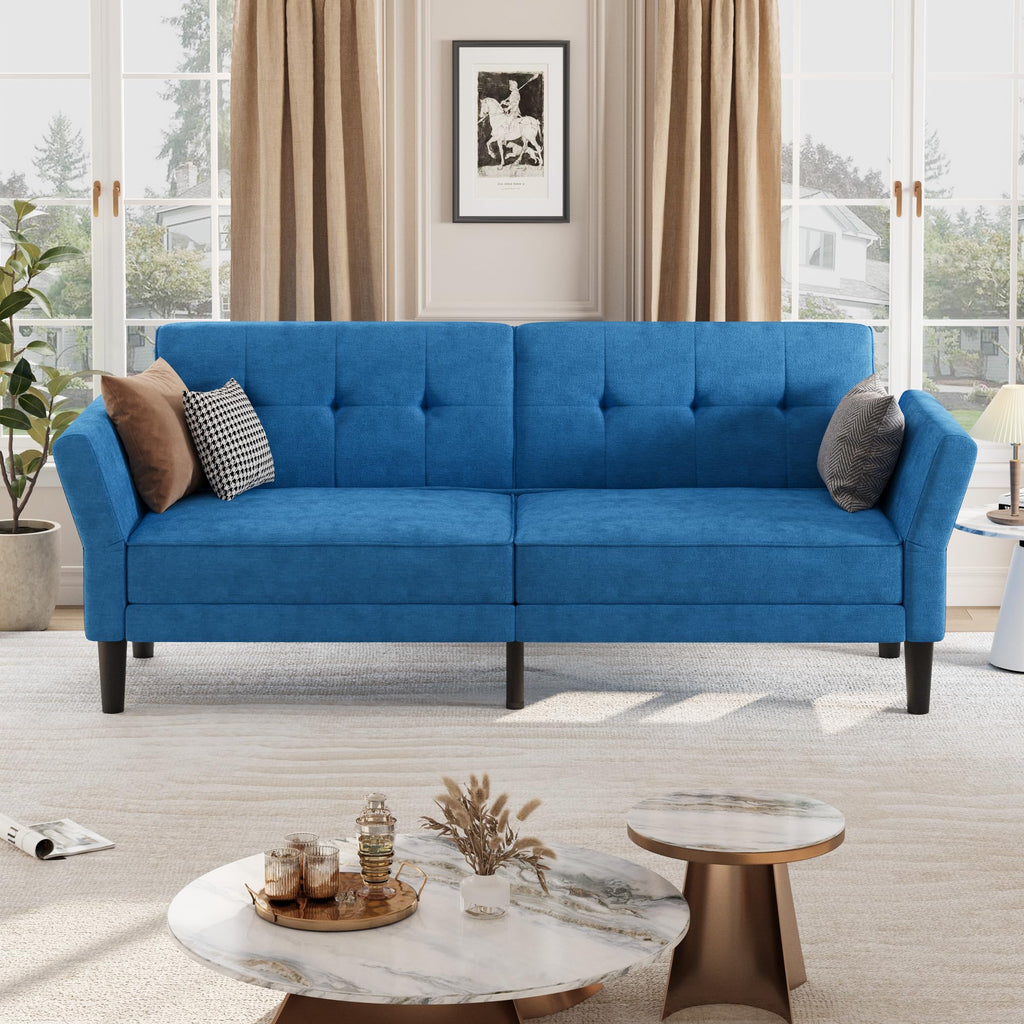 IDEALHOUSE 89" Futon Sofa Bed, Convertible Sleeper Sofa with Adjustable Backrest & Armrest, Modern Futon Couch Bed, Loveseat Sleeper for Living Room Bedroom Apartments, Blue