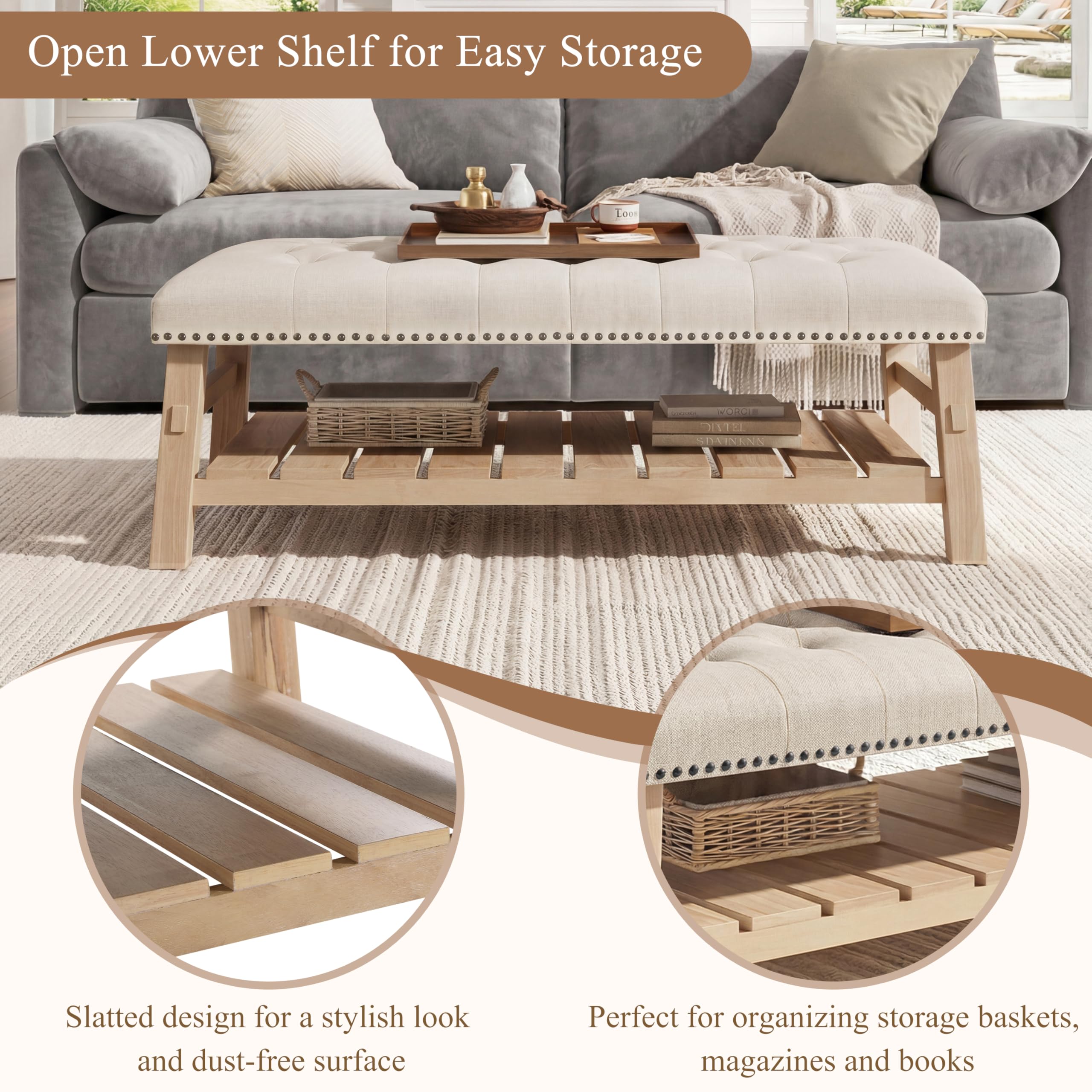 Merax 48" Large Rectangle Linen Blend Ottoman Coffee Table, Button Tufted with Slatted Storage Shelf, Upholstered Footstool Bench with Nailhead Trim & Solid Wood Legs, Seats for Living Room, Beige