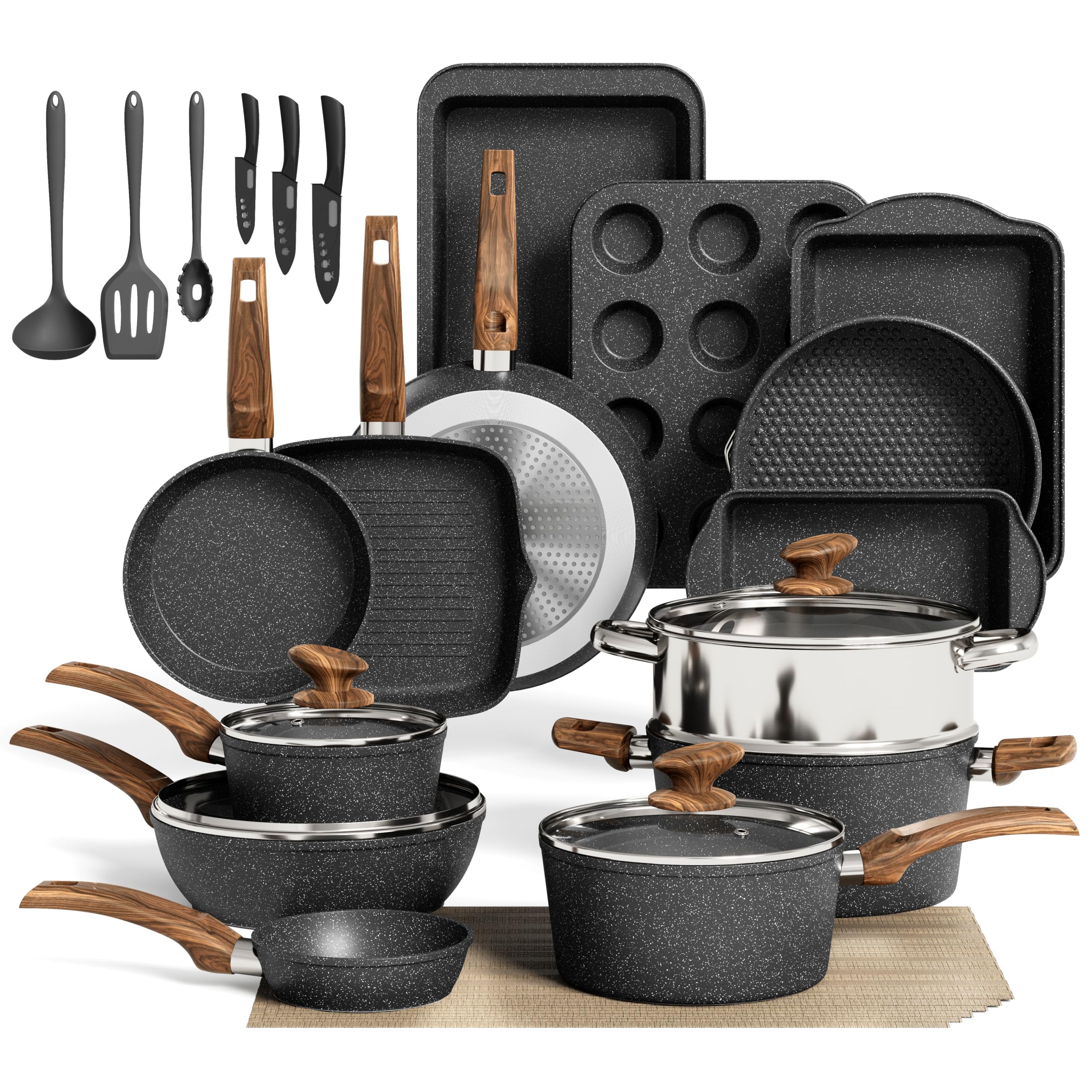 MAISON ARTS 30 Piece Pots and Pans Set Non Stick, Kitchen Cookware & Bakeware Sets with Nonstick Granite Coating, Baking Tray, Frying Pan and Saucepan, Black